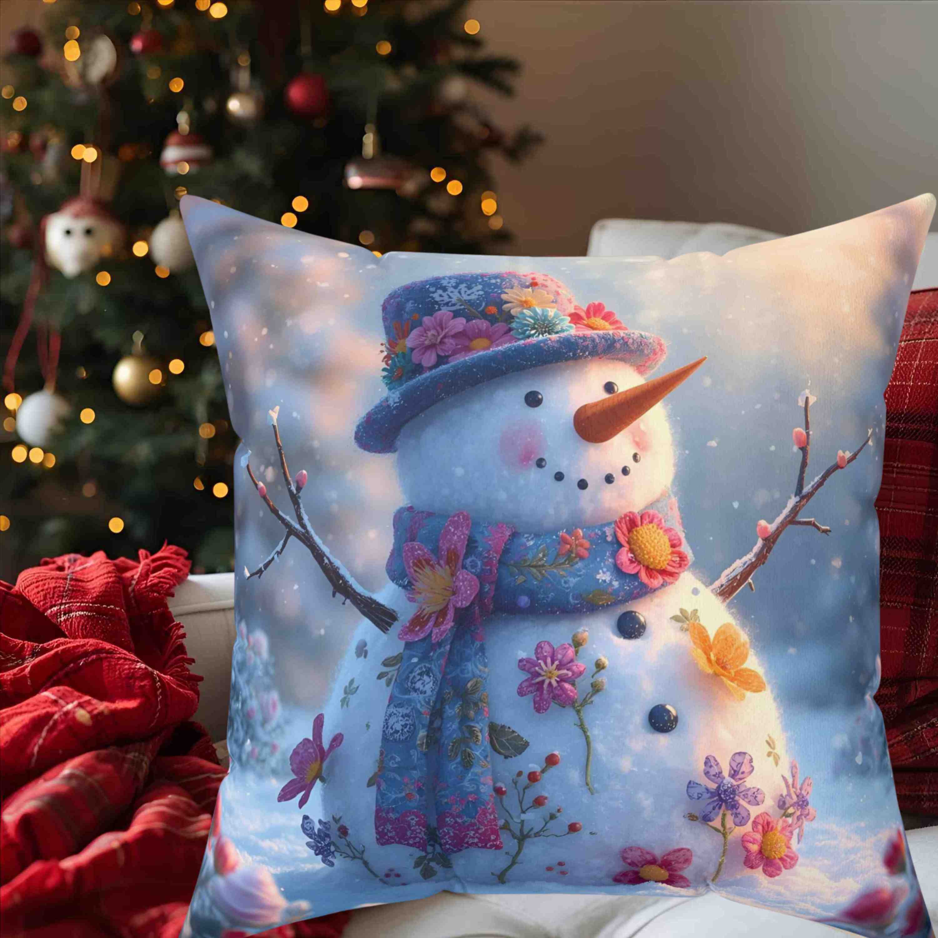 Snowman Floral Square Pillow, Cozy Home Decor, Winter Holiday Gift, Decorative Cushion, Seasonal Accent Throw product thumbnail image