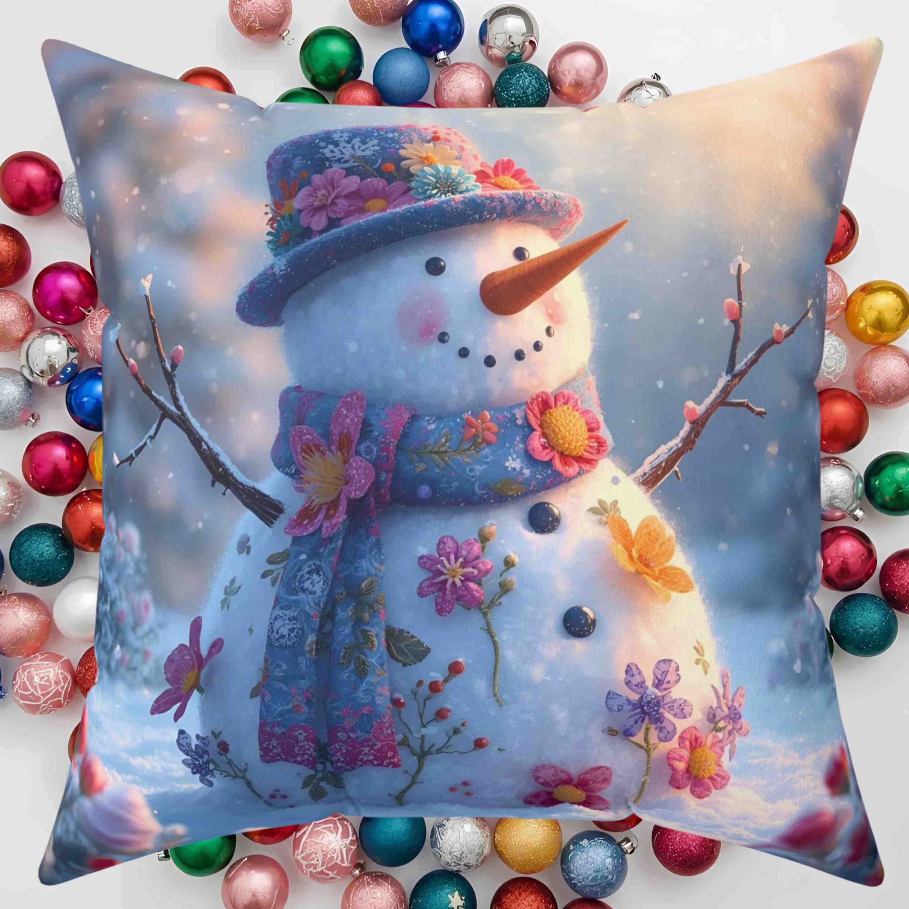 Snowman Floral Square Pillow, Cozy Home Decor, Winter Holiday Gift, Decorative Cushion, Seasonal Accent Throw product thumbnail image