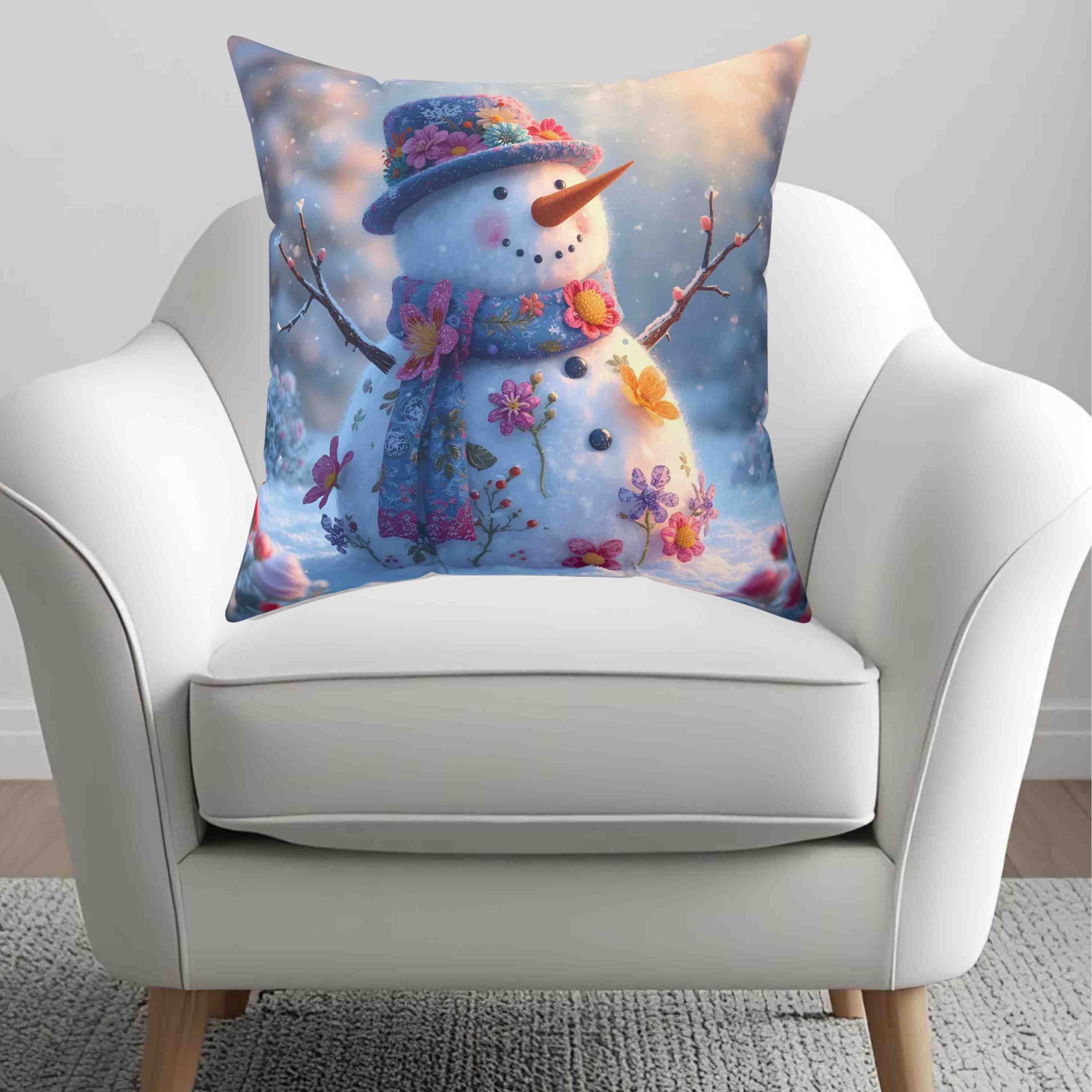 Snowman Floral Square Pillow, Cozy Home Decor, Winter Holiday Gift, Decorative Cushion, Seasonal Accent Throw product thumbnail image