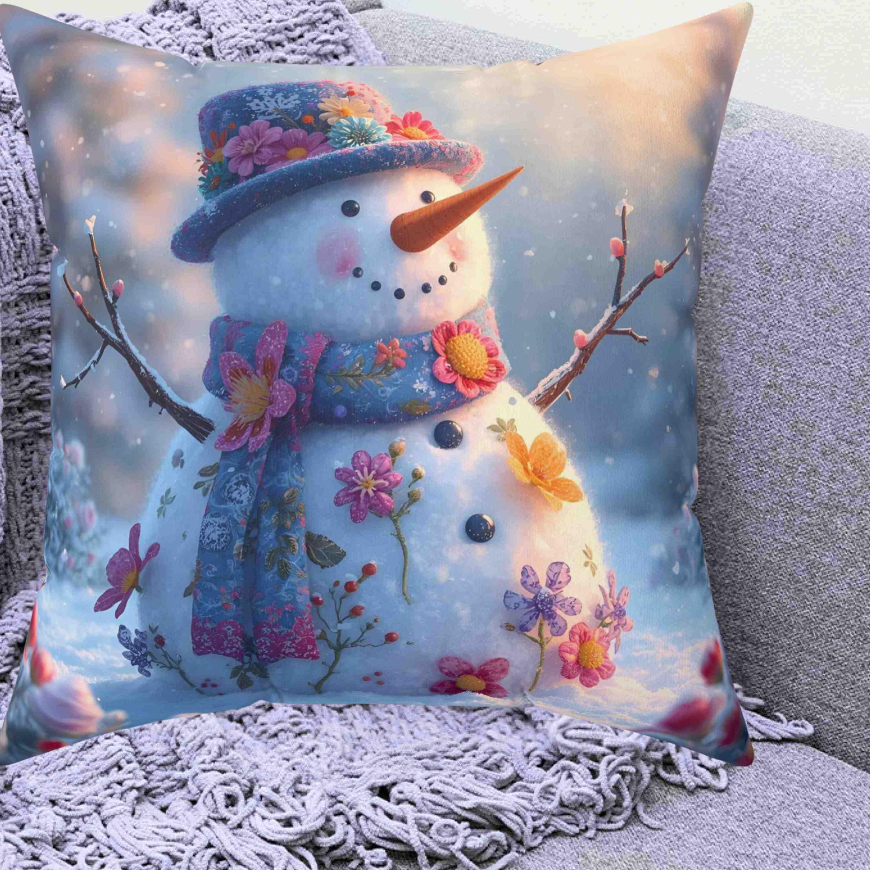 Snowman Floral Square Pillow, Cozy Home Decor, Winter Holiday Gift, Decorative Cushion, Seasonal Accent Throw product thumbnail image