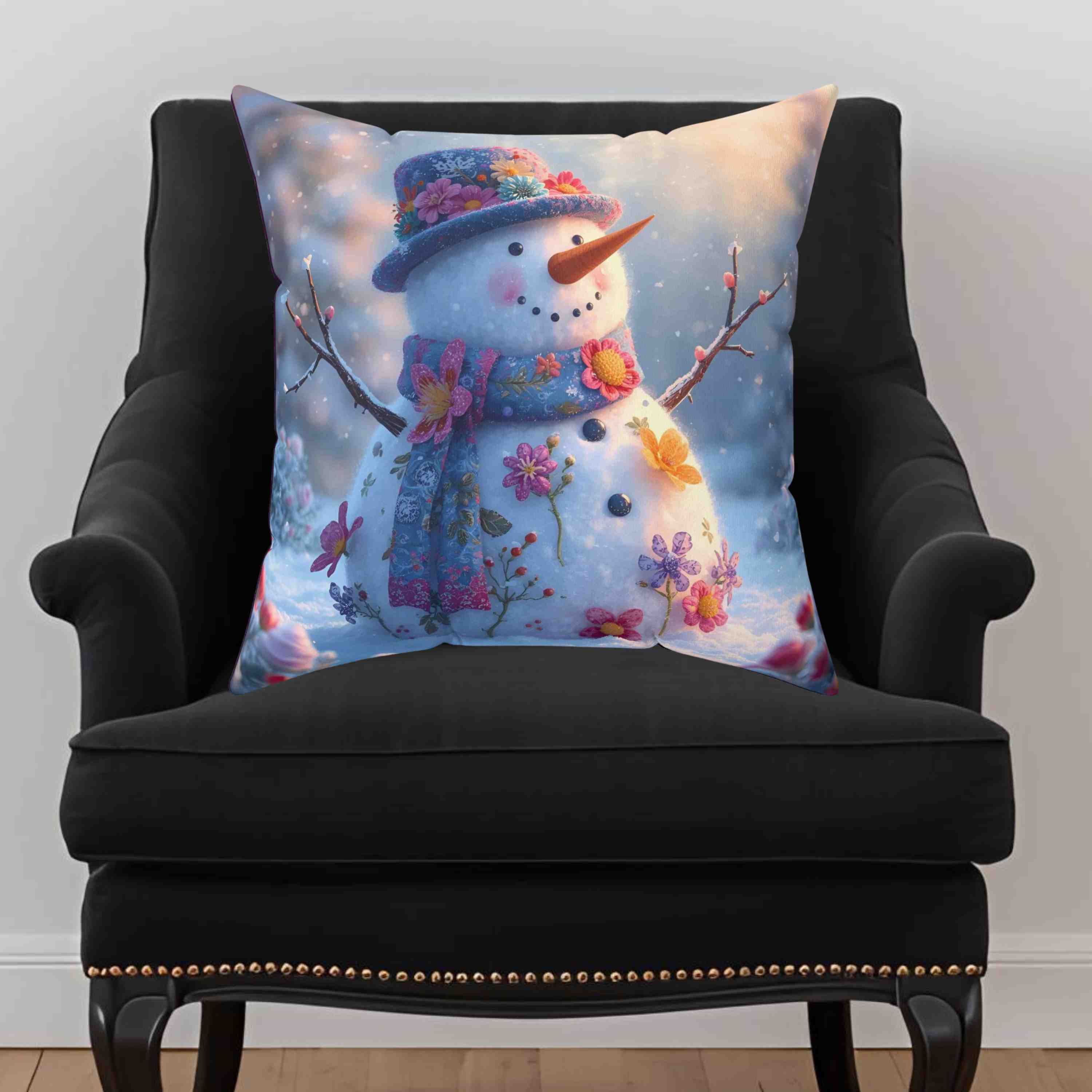 Snowman Floral Square Pillow, Cozy Home Decor, Winter Holiday Gift, Decorative Cushion, Seasonal Accent Throw product thumbnail image