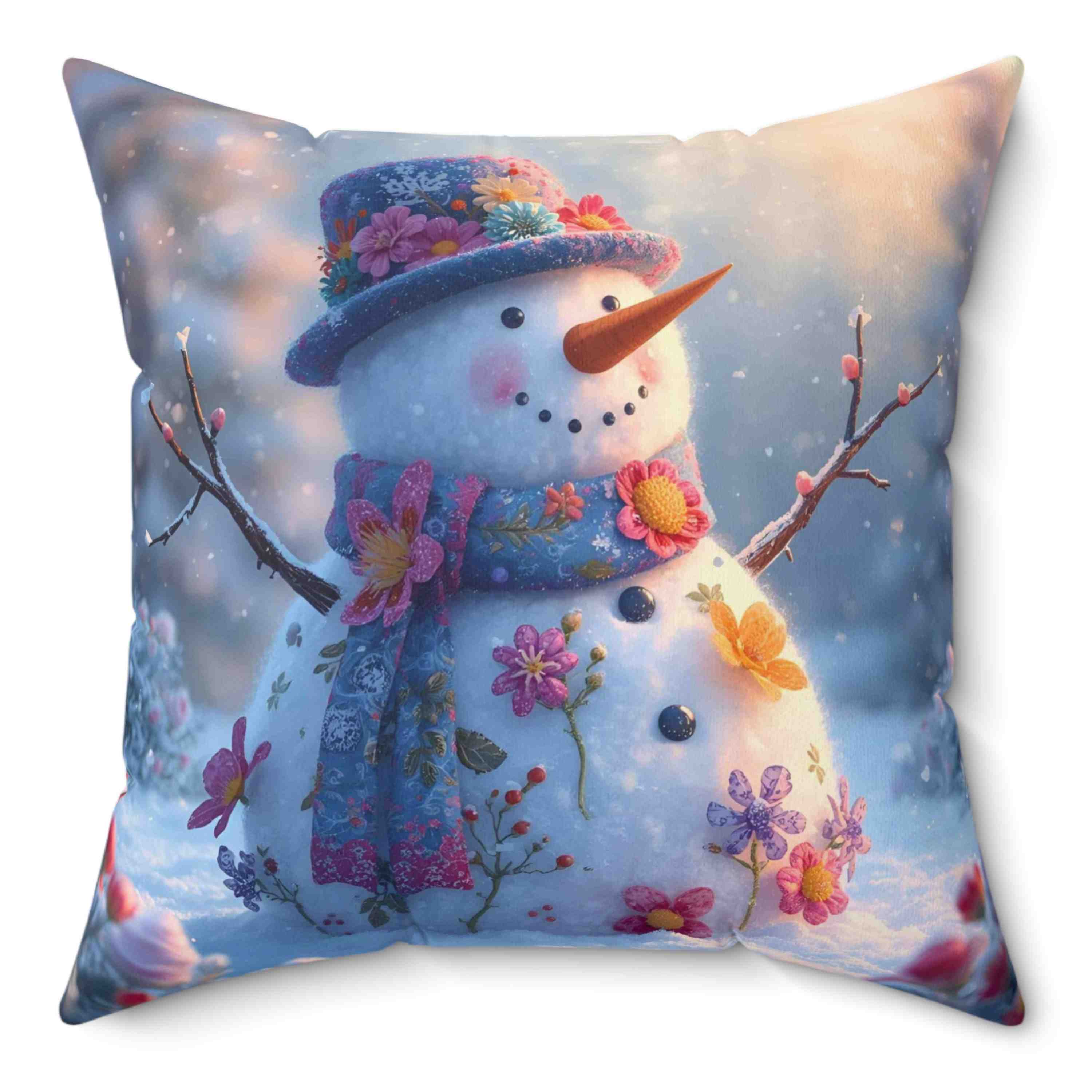Snowman Floral Square Pillow, Cozy Home Decor, Winter Holiday Gift, Decorative Cushion, Seasonal Accent Throw product thumbnail image