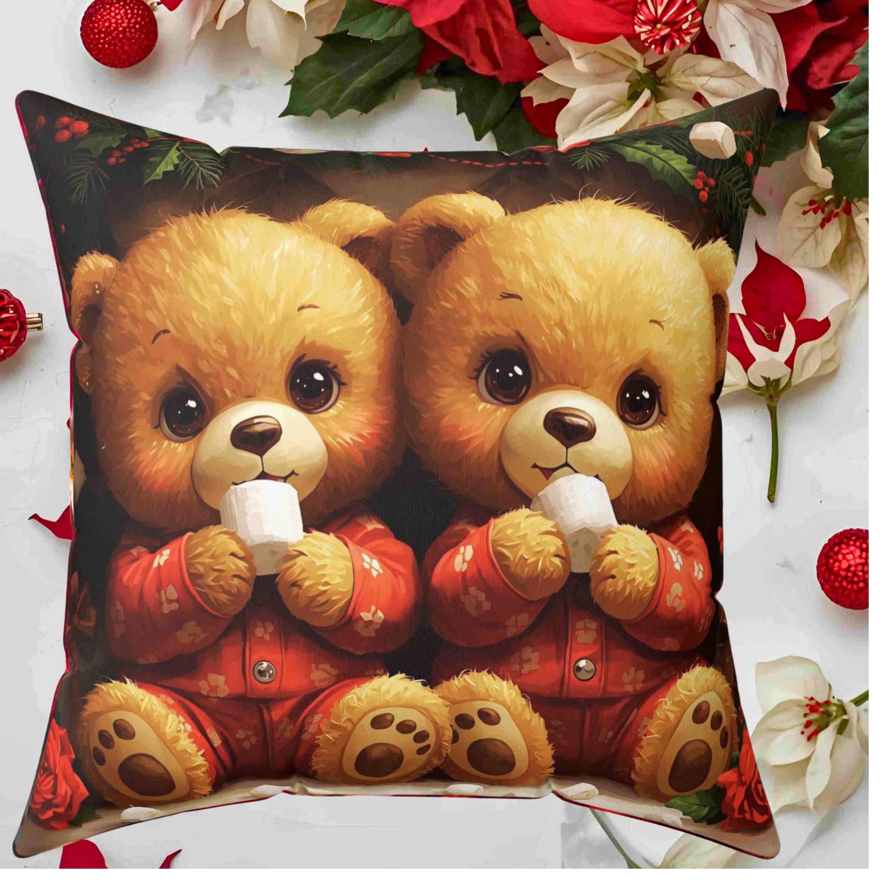 Tebby Bears in Pj's, Cozy Holiday Pillow, Decorative Cushion, Christmas Home Decor, Festive Throw Pillow, Gift for Kids and Family