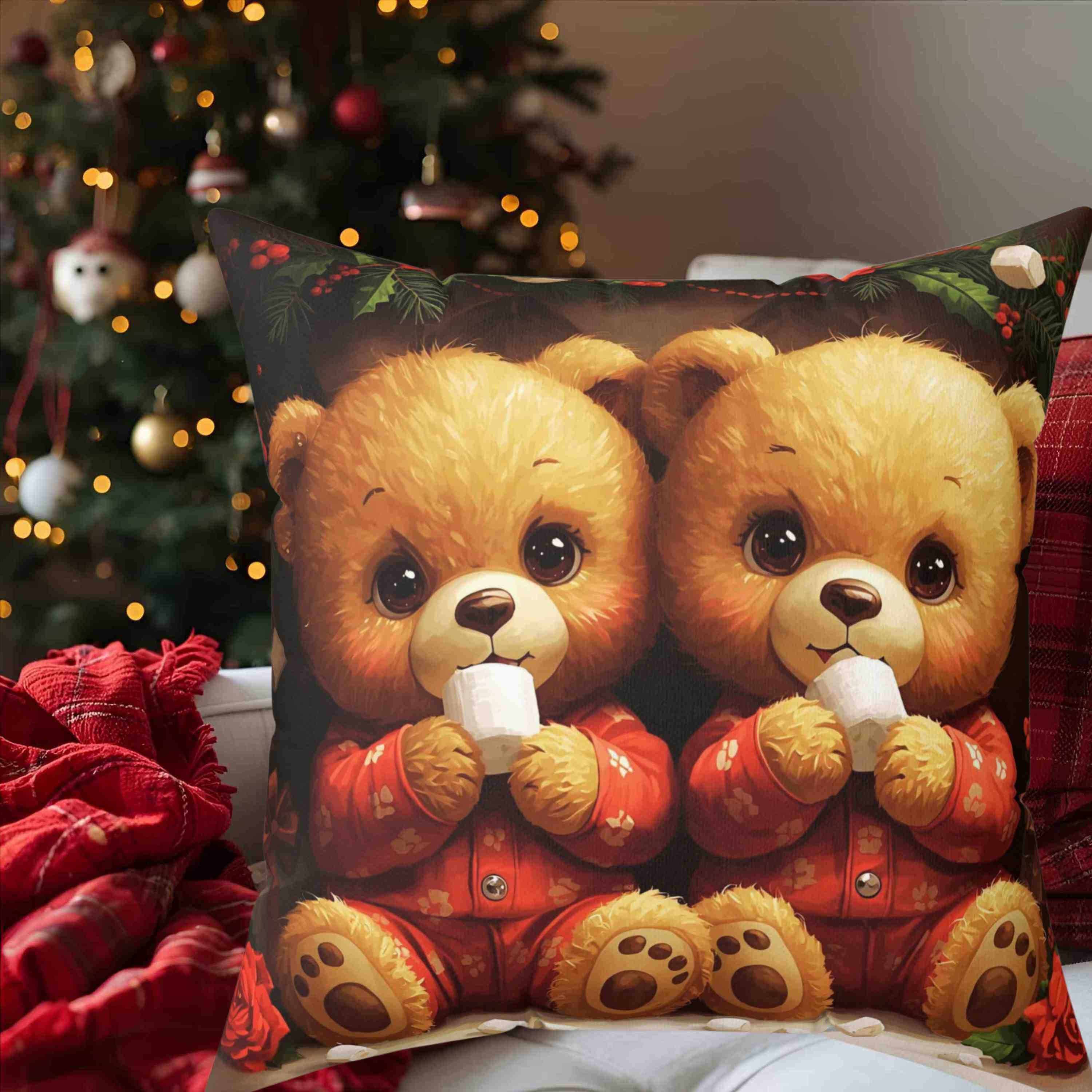 Tebby Bears in Pj's, Cozy Holiday Pillow, Decorative Cushion, Christmas Home Decor, Festive Throw Pillow, Gift for Kids and Family product thumbnail image Tebby Bears in Pj's, Cozy Holiday Pillow, Decorative Cushion, Christmas Home Decor, Festive Throw Pillow, Gift for Kids and Family product thumbnail image