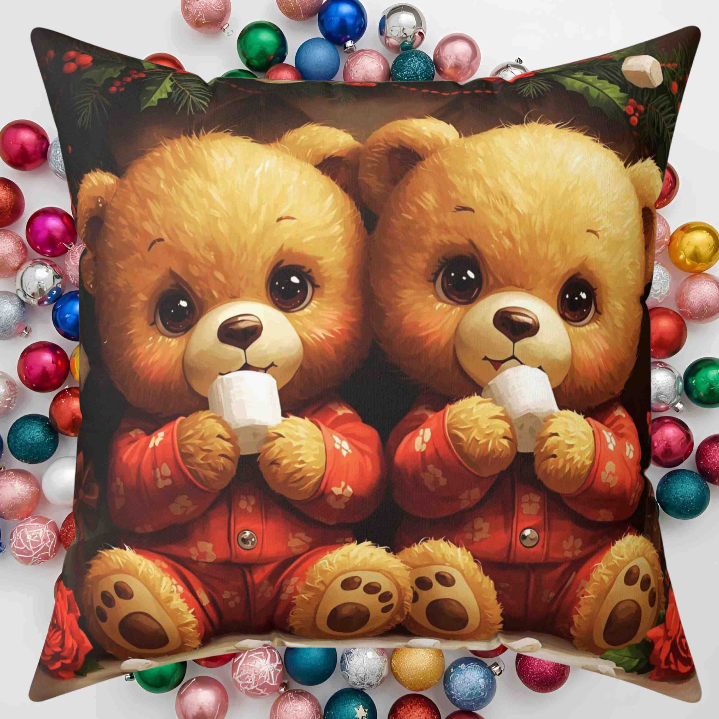 Tebby Bears in Pj's, Cozy Holiday Pillow, Decorative Cushion, Christmas Home Decor, Festive Throw Pillow, Gift for Kids and Family product thumbnail image