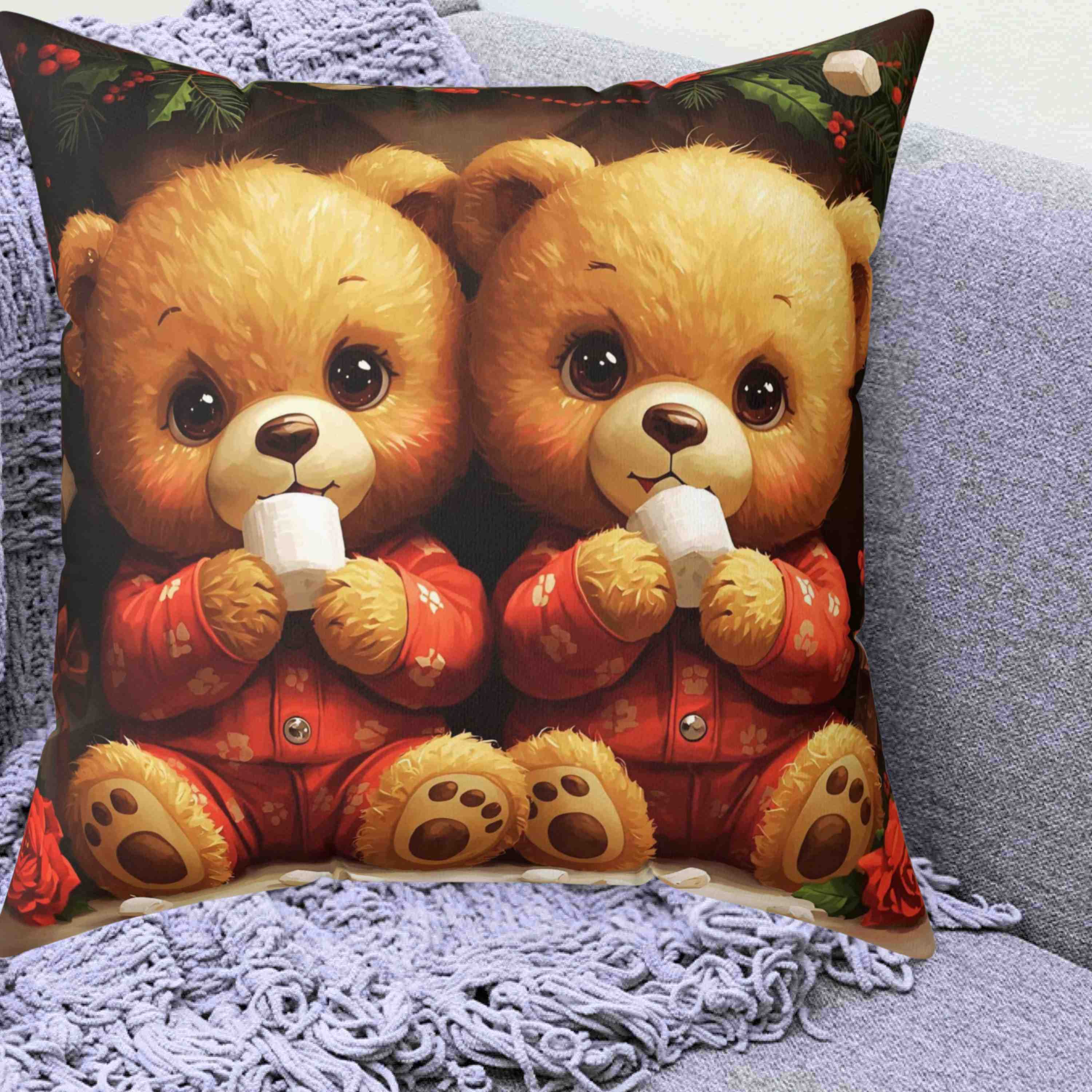 Tebby Bears in Pj's, Cozy Holiday Pillow, Decorative Cushion, Christmas Home Decor, Festive Throw Pillow, Gift for Kids and Family product thumbnail image