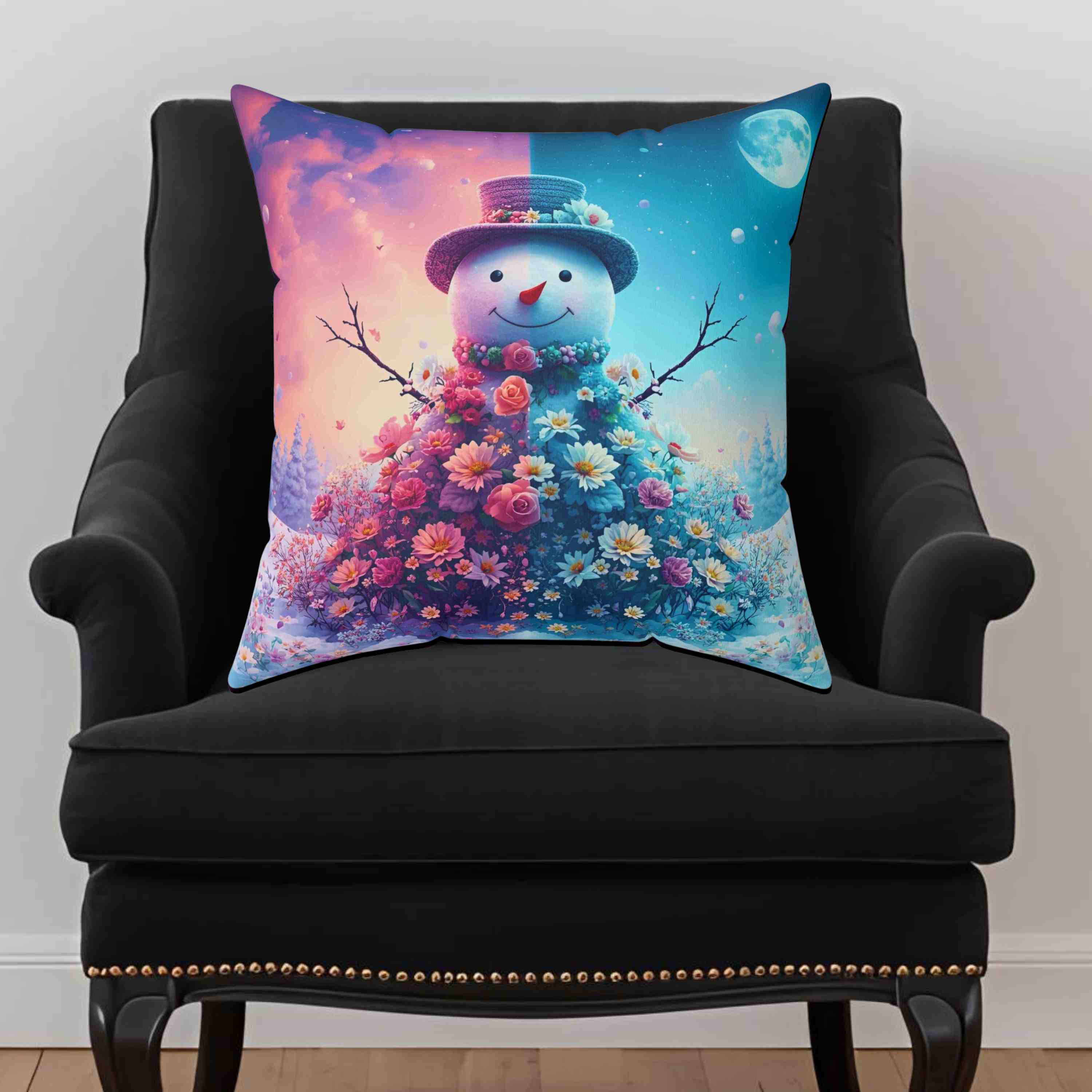 Night Day Snowman Floral Pillow - Cozy Home Decor for Winter, Christmas Gift, Seasonal Accent product thumbnail image