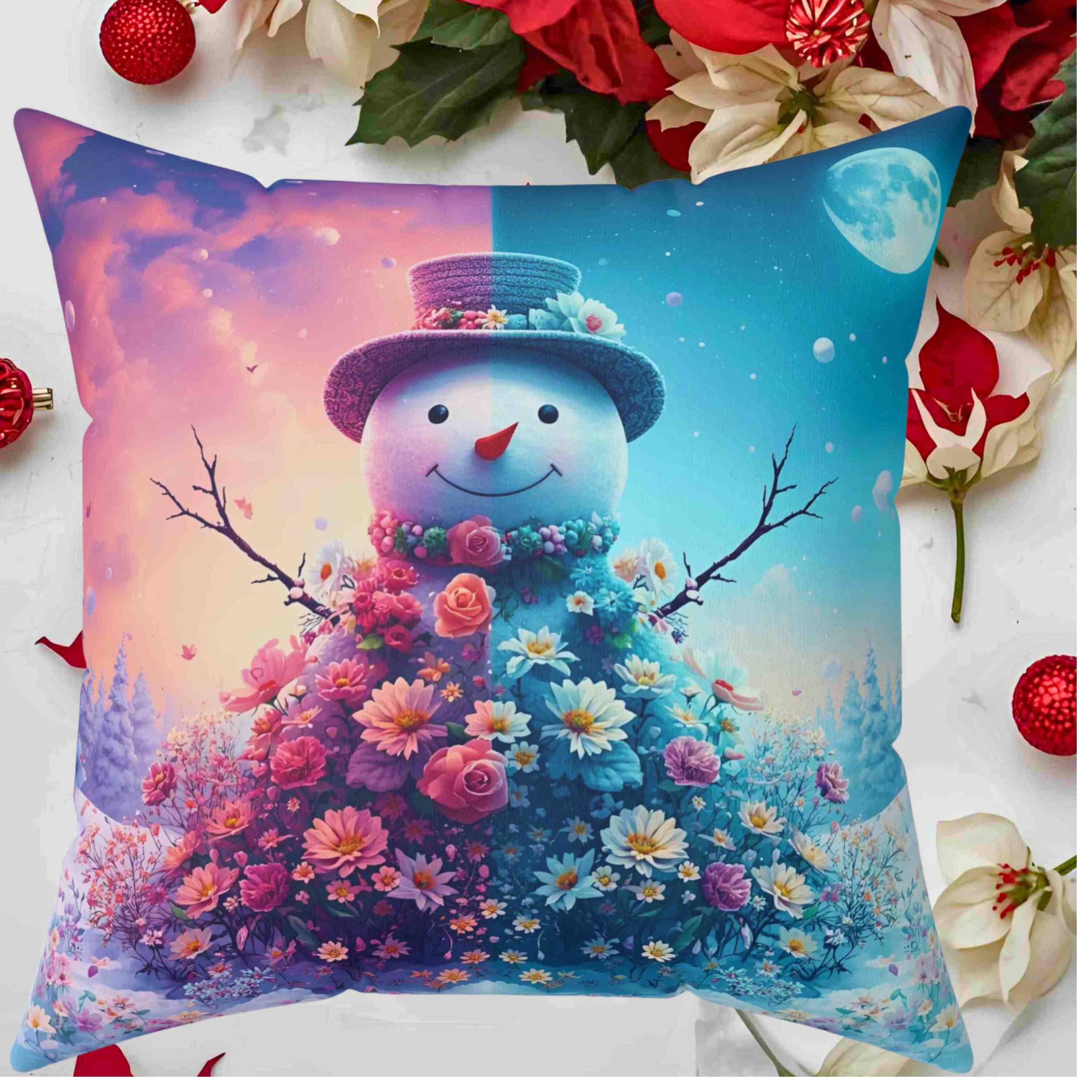 Night Day Snowman Floral Pillow - Cozy Home Decor for Winter, Christmas Gift, Seasonal Accent product thumbnail image