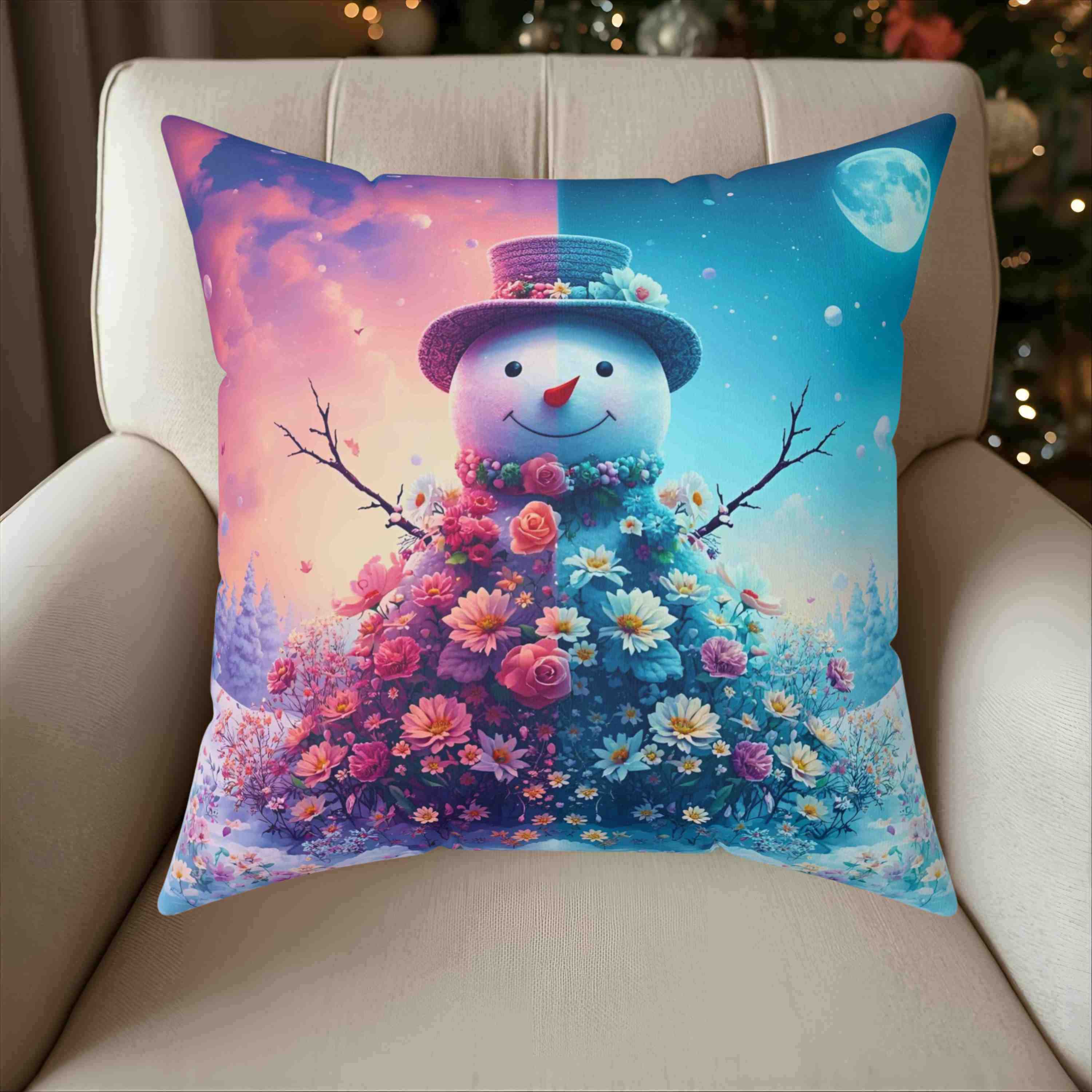 Night Day Snowman Floral Pillow - Cozy Home Decor for Winter, Christmas Gift, Seasonal Accent product thumbnail image