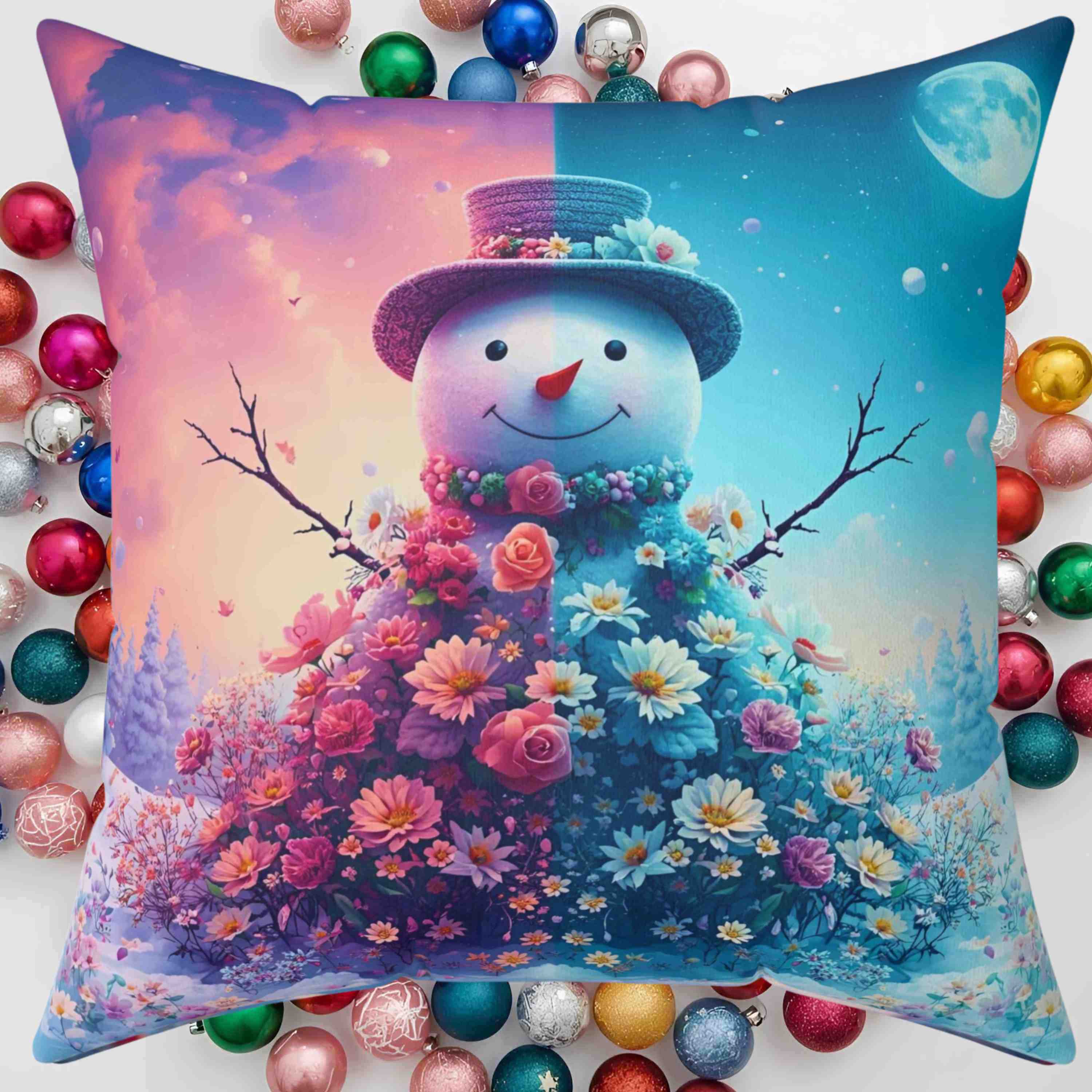 Night Day Snowman Floral Pillow - Cozy Home Decor for Winter, Christmas Gift, Seasonal Accent product thumbnail image