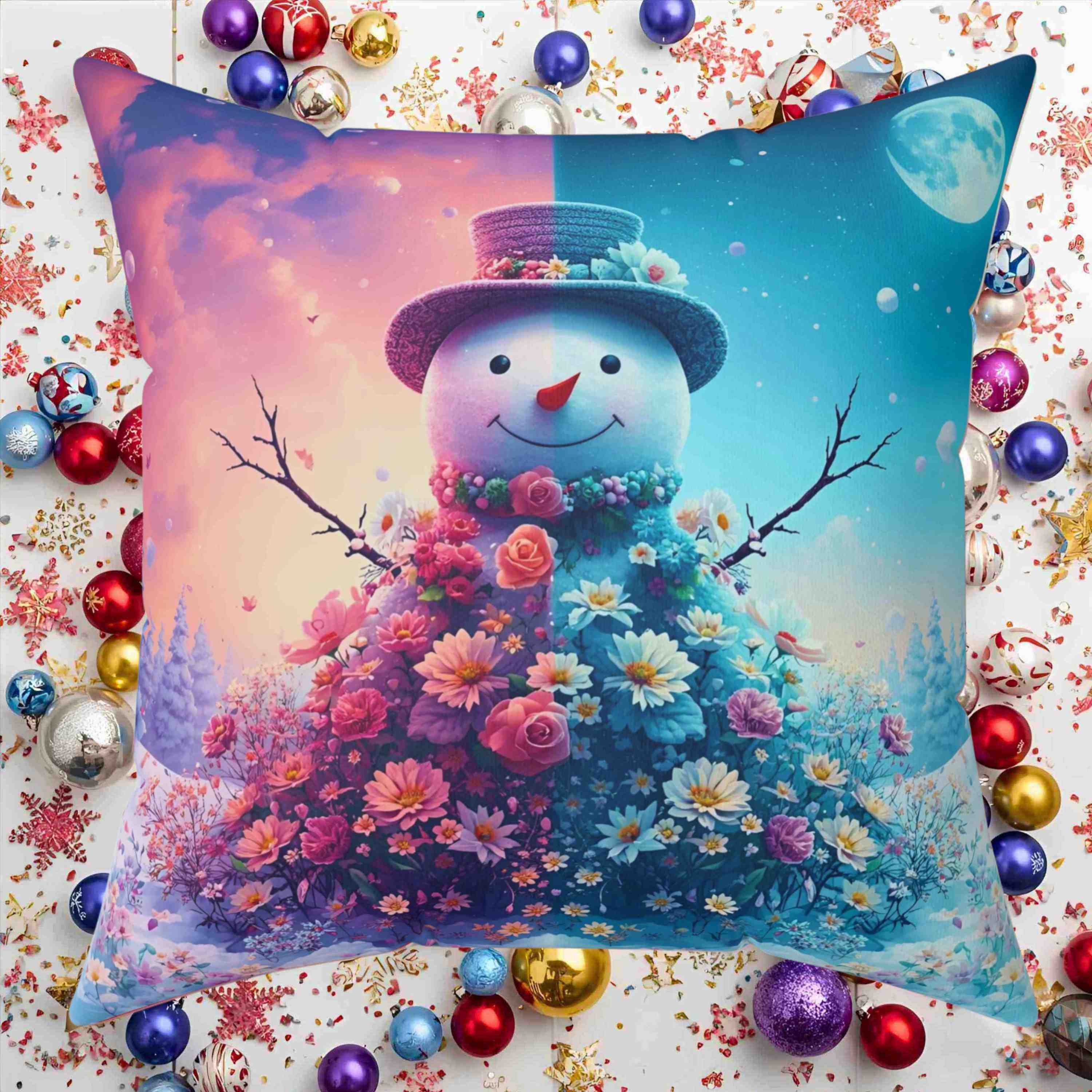 Night Day Snowman Floral Pillow - Cozy Home Decor for Winter, Christmas Gift, Seasonal Accent product thumbnail image
