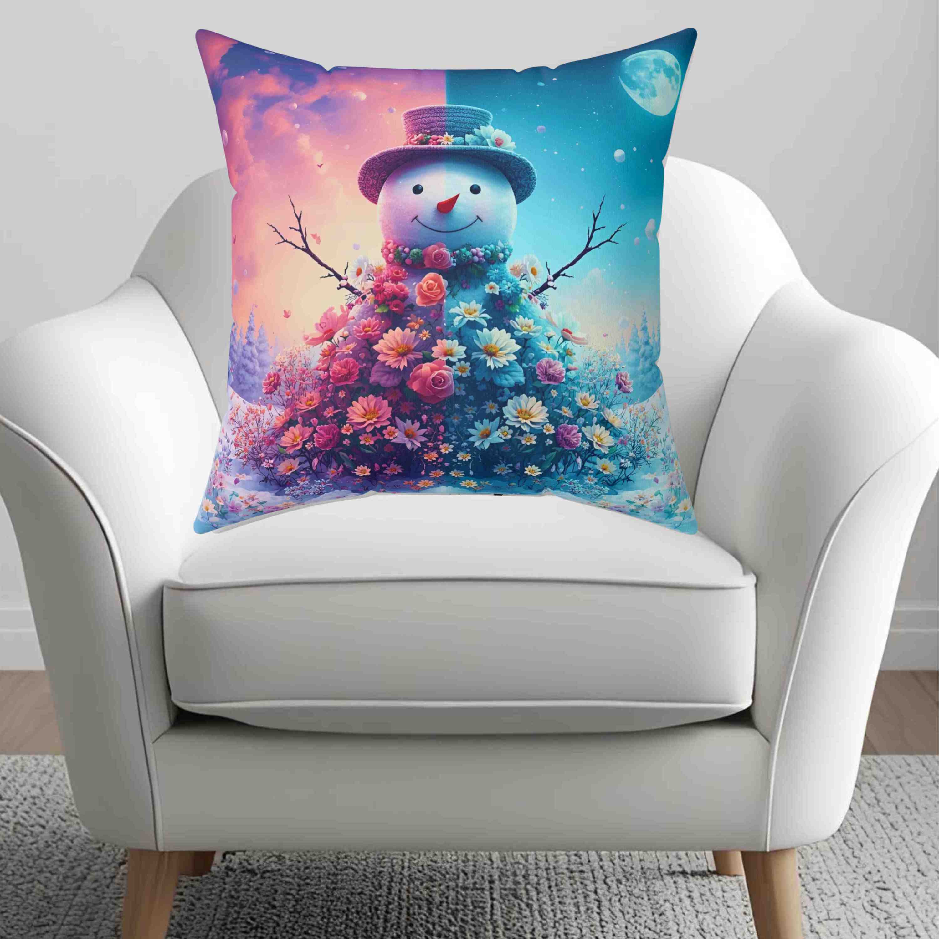 Night Day Snowman Floral Pillow - Cozy Home Decor for Winter, Christmas Gift, Seasonal Accent product thumbnail image