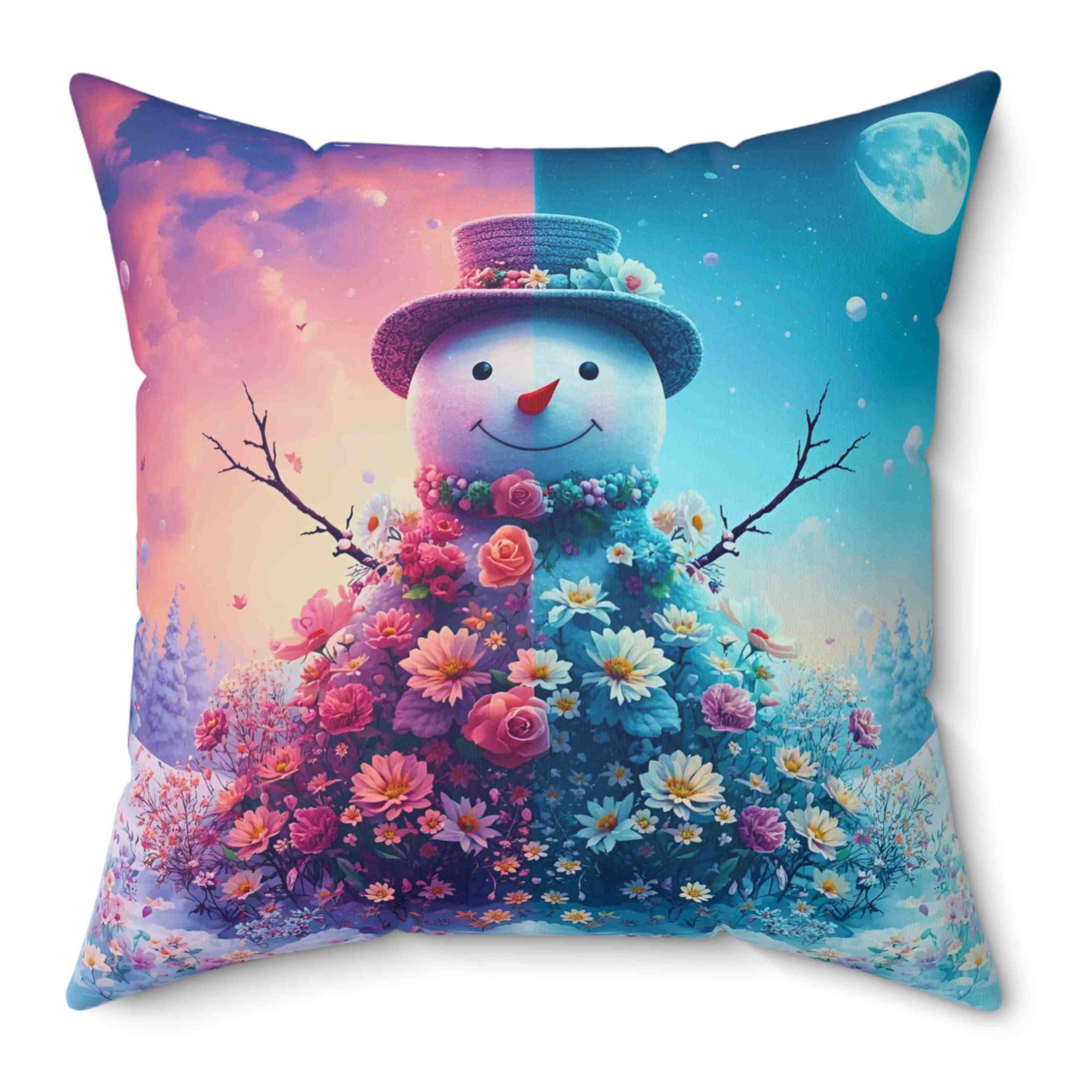 Night Day Snowman Floral Pillow - Cozy Home Decor for Winter, Christmas Gift, Seasonal Accent product thumbnail image