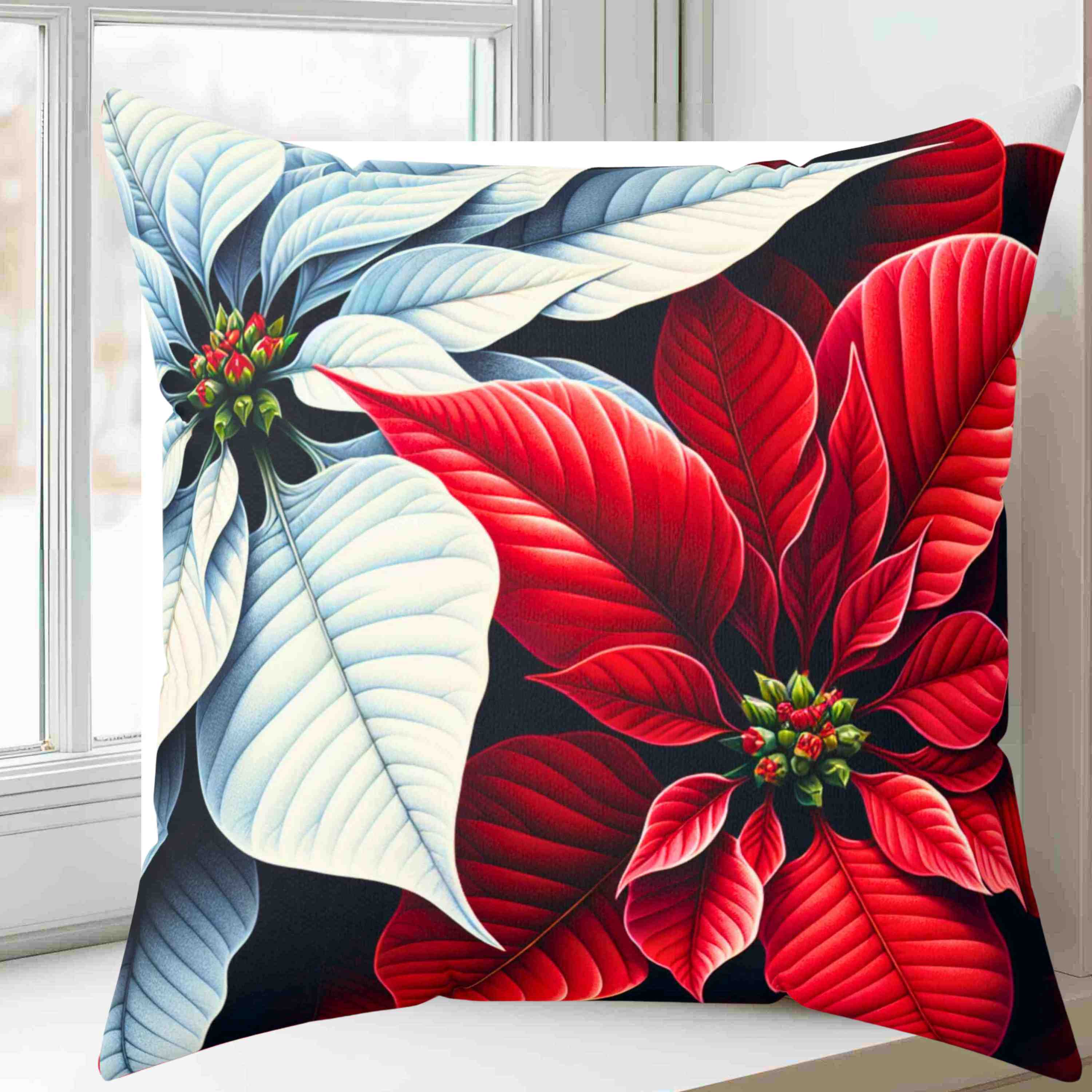 Poinsettia Floral Throw Pillow, Poinsettia Decor, Home Accent, Holiday Decoration, Gift for Her, Cozy Living Room product thumbnail image