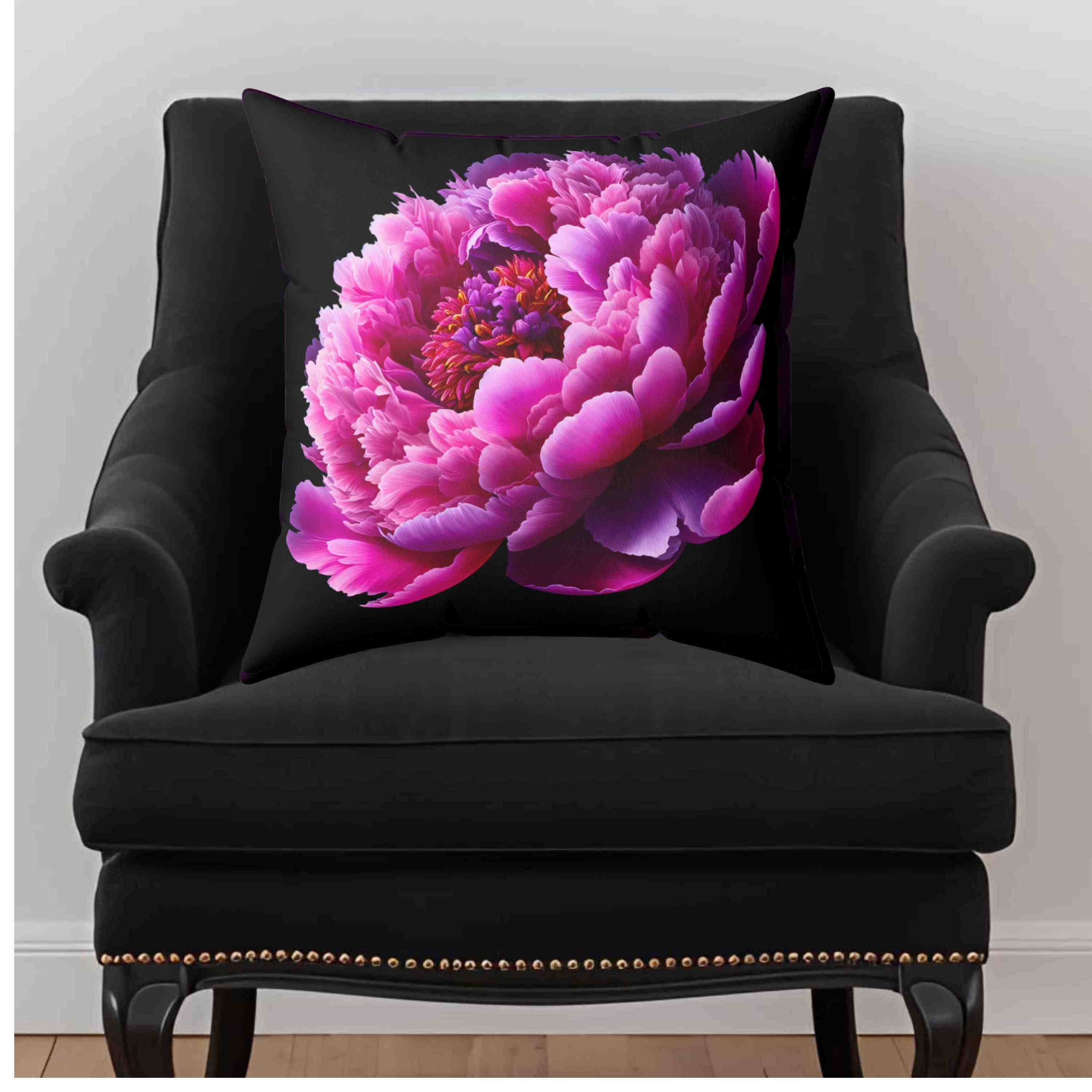 Pink Peony Floral Pillow – Romantic Bloom on Black Canvas, Double-Sided Decorative Throw Cushion for Bedroom, Sofa or Living Room Décor product thumbnail image