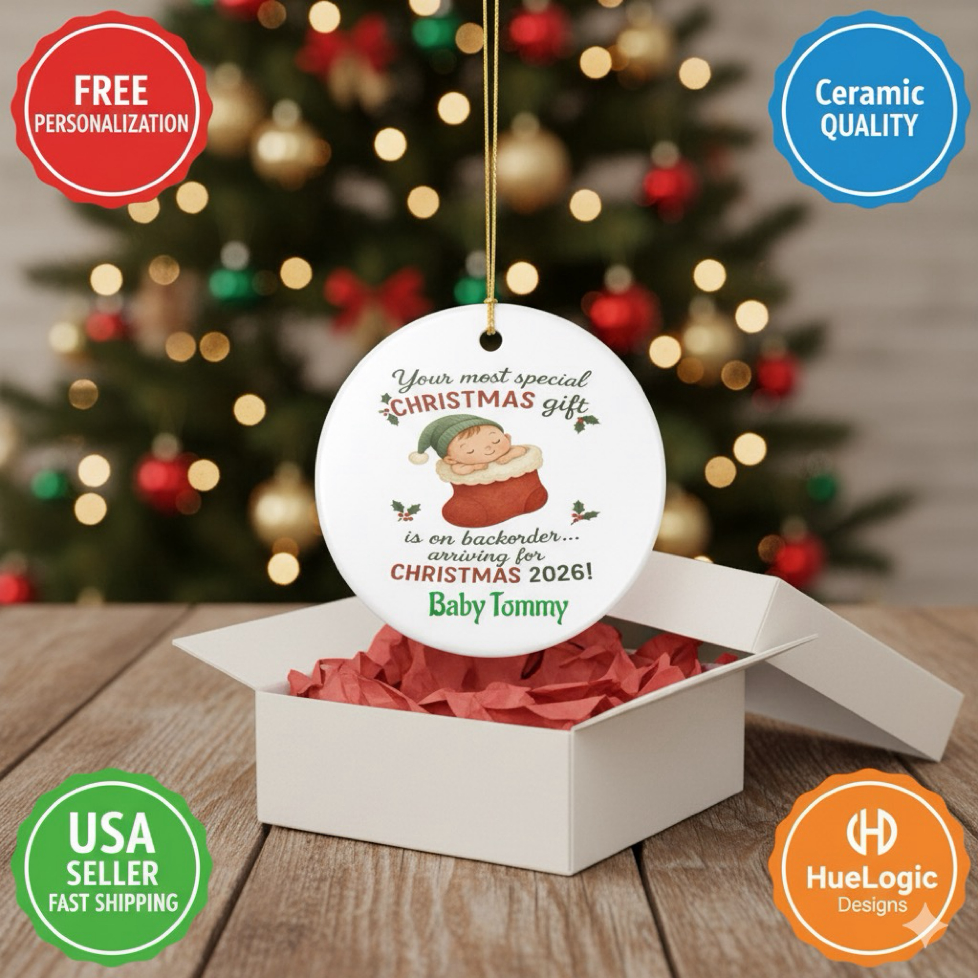 Baby on the Way Christmas Ceramic Ornament 2026 Personalized Pregnancy Reveal product thumbnail image Baby on the Way Christmas Ceramic Ornament 2026 Personalized Pregnancy Reveal product thumbnail image