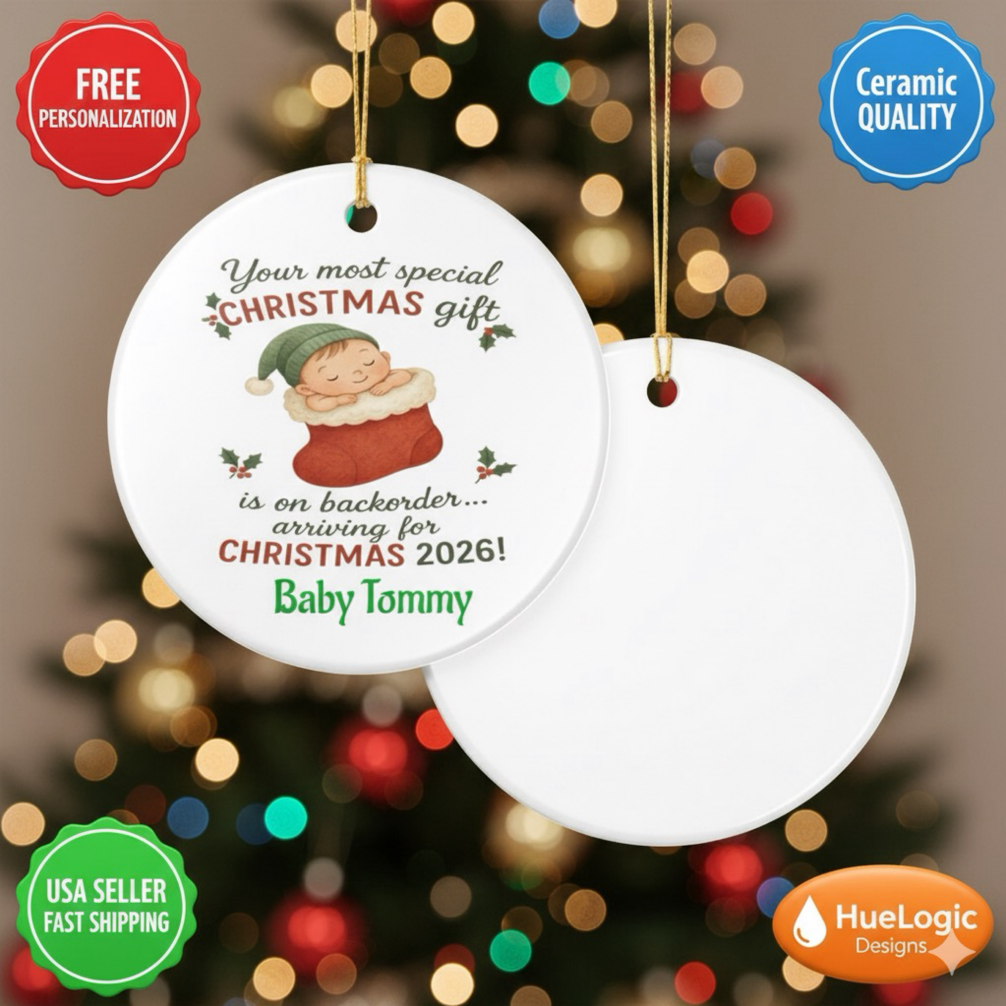 Baby on the Way Christmas Ceramic Ornament 2026 Personalized Pregnancy Reveal product thumbnail image Baby on the Way Christmas Ceramic Ornament 2026 Personalized Pregnancy Reveal product thumbnail image