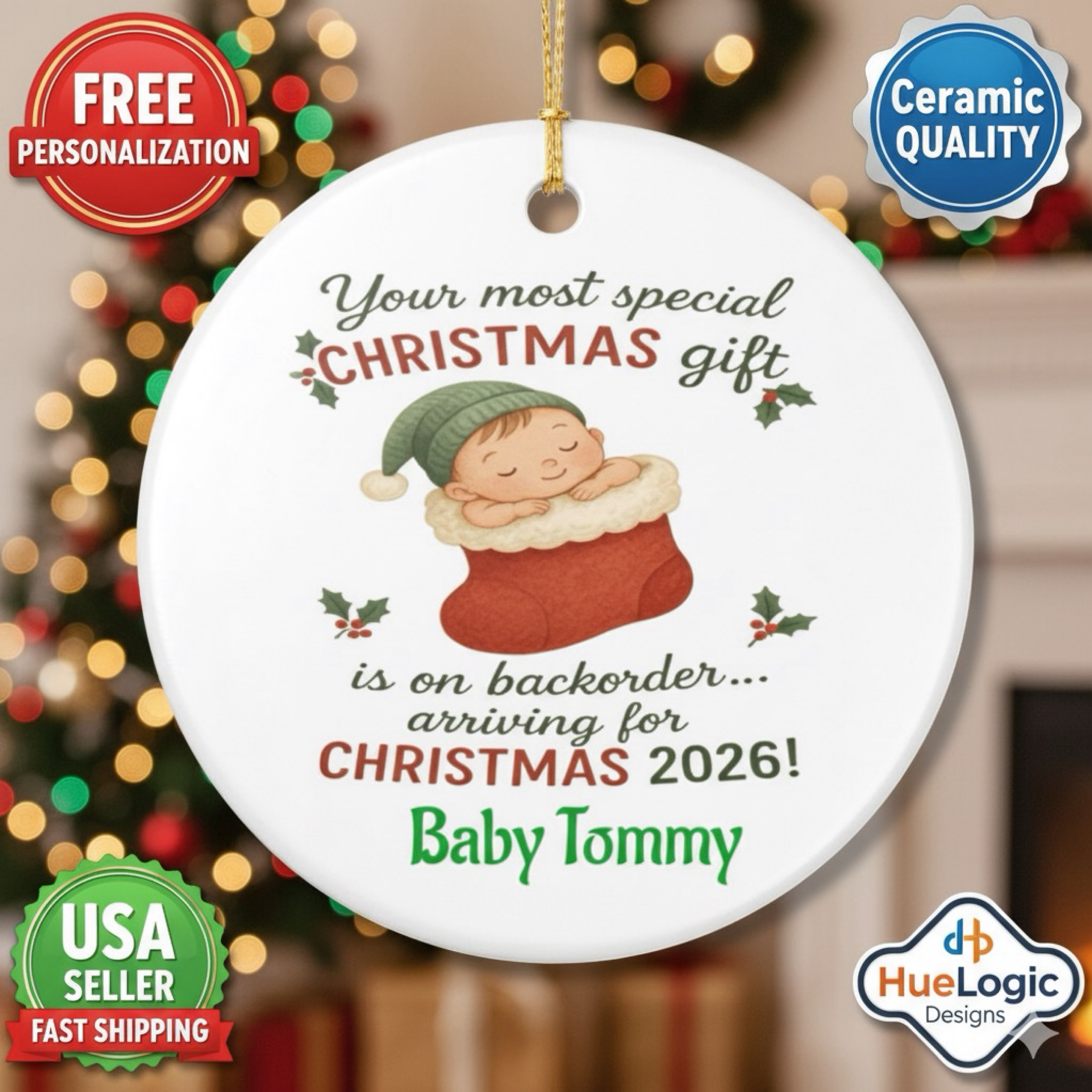 Baby on the Way Christmas Ceramic Ornament 2026 Personalized Pregnancy Reveal 
