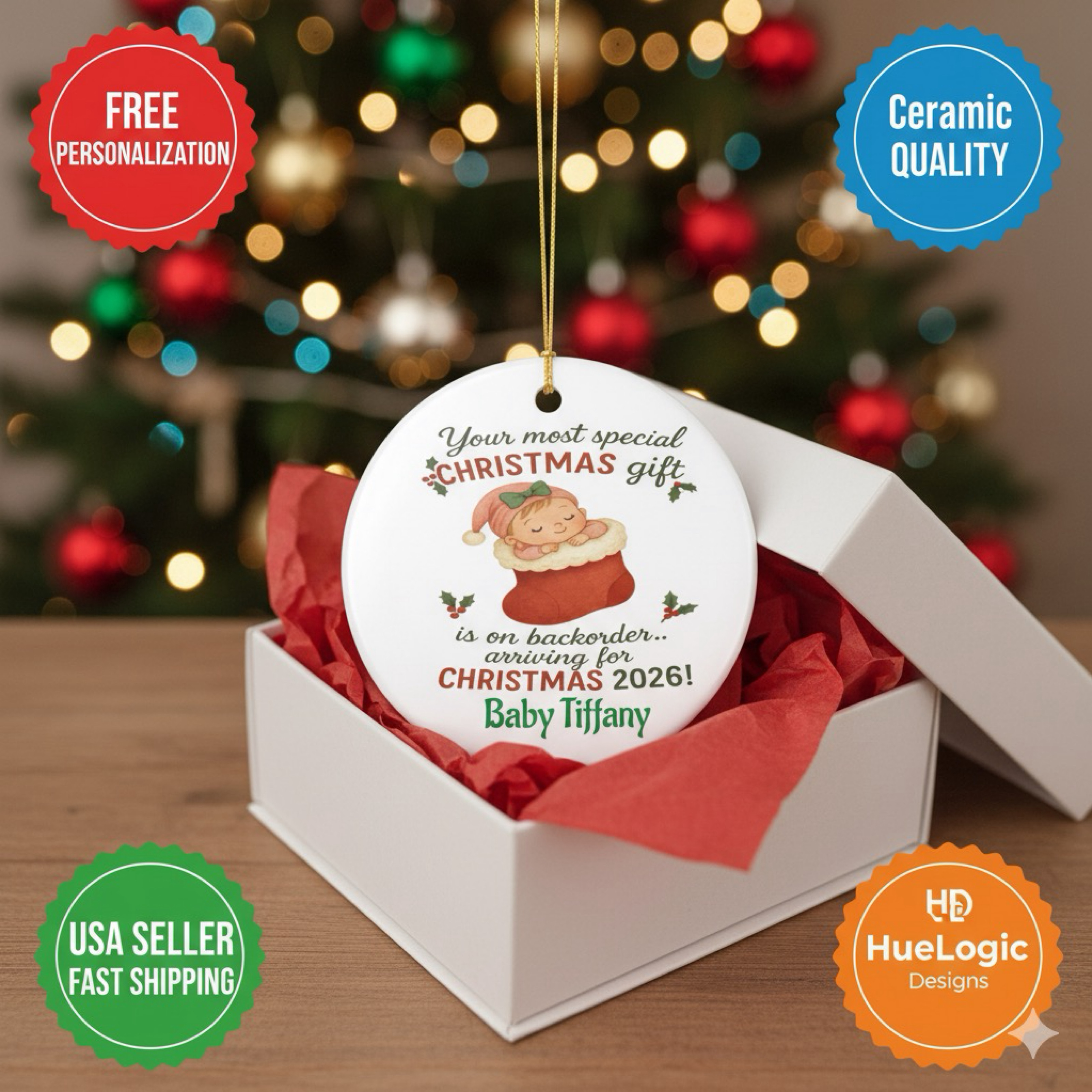 Baby on the Way Christmas Ceramic Ornament 2026 Personalized Pregnancy Reveal product thumbnail image Baby on the Way Christmas Ceramic Ornament 2026 Personalized Pregnancy Reveal product thumbnail image