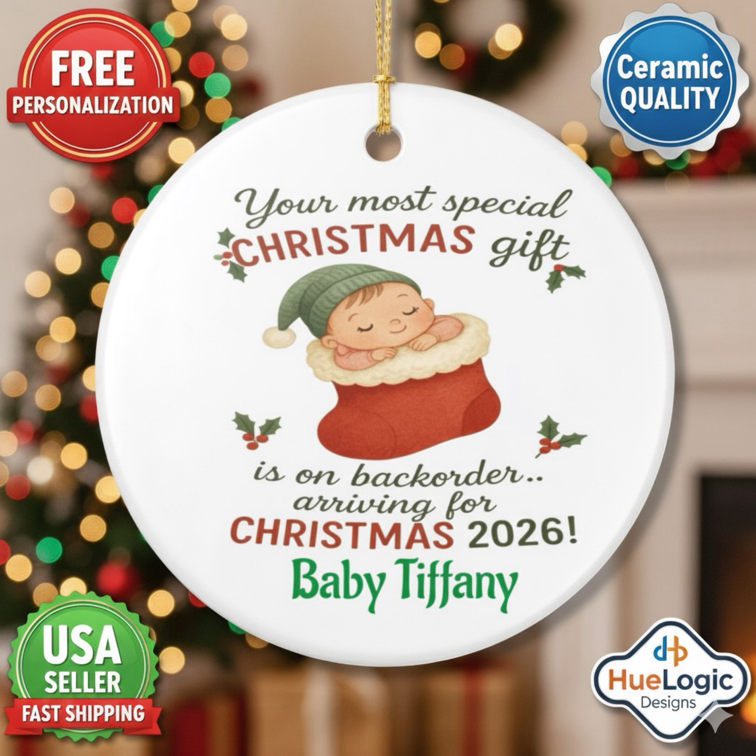 Baby on the Way Christmas Ceramic Ornament 2026 Personalized Pregnancy Reveal 