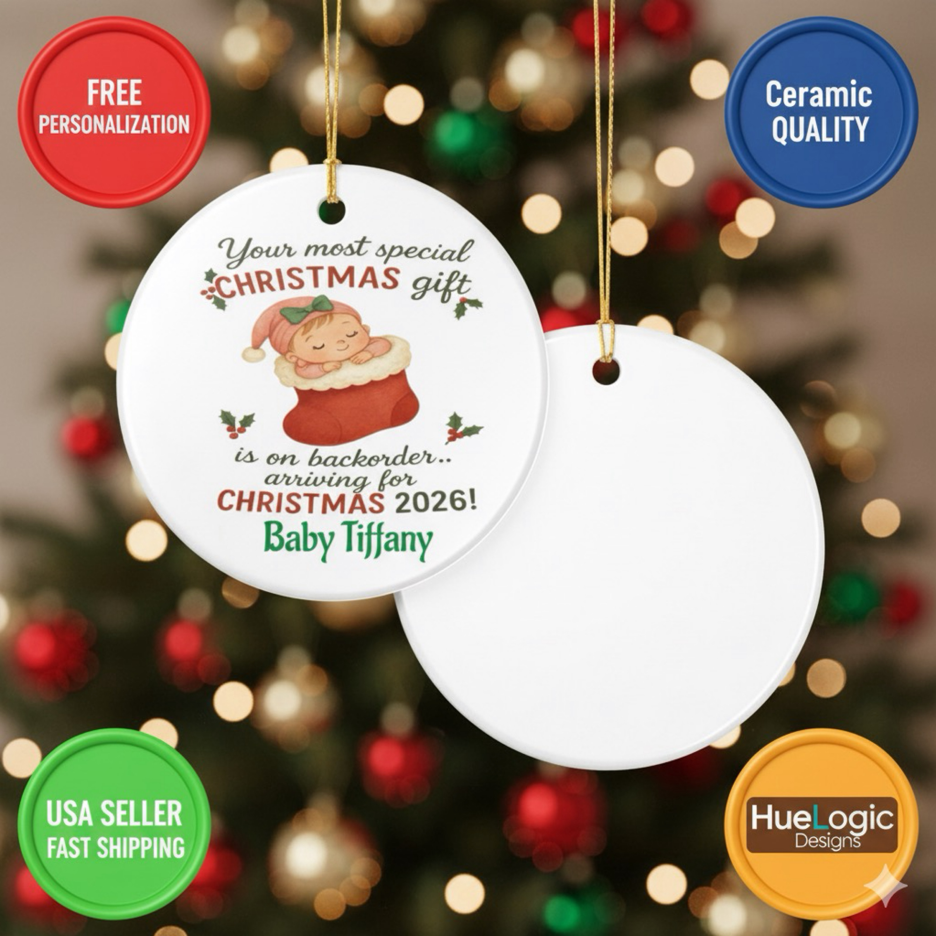 Baby on the Way Christmas Ceramic Ornament 2026 Personalized Pregnancy Reveal product thumbnail image Baby on the Way Christmas Ceramic Ornament 2026 Personalized Pregnancy Reveal product thumbnail image