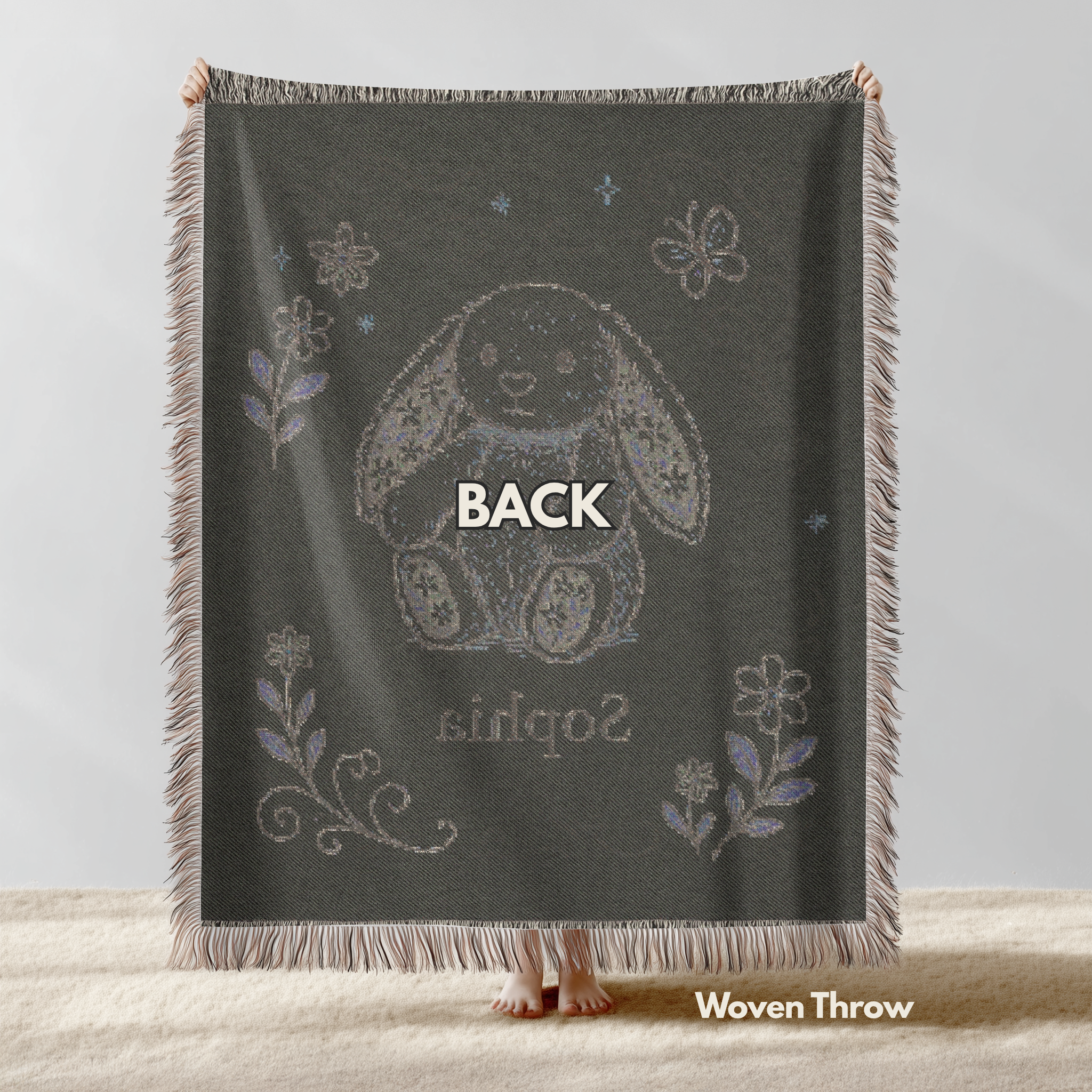 Personalized Whimsical Grey Bunny Blanket: Woven Throw Blanket product thumbnail image