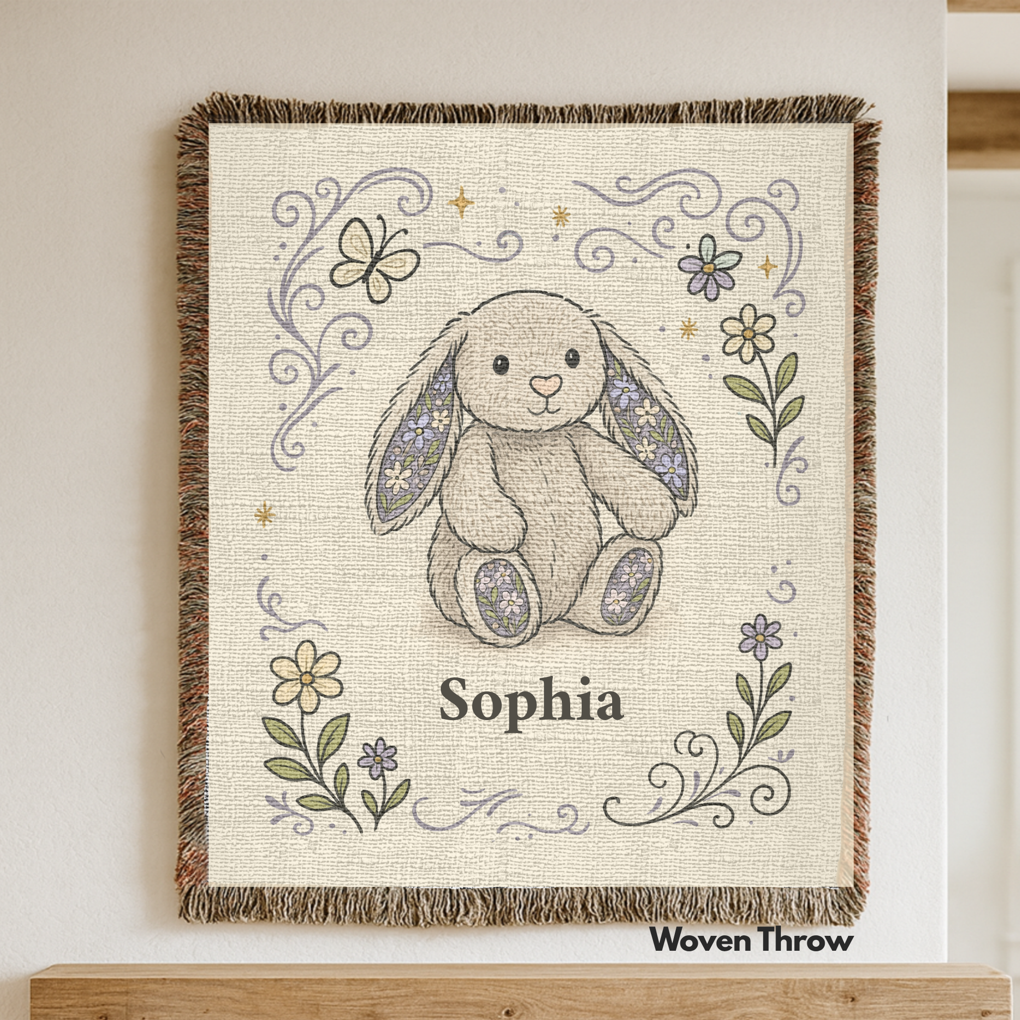 Personalized Whimsical Grey Bunny Blanket: Woven Throw Blanket