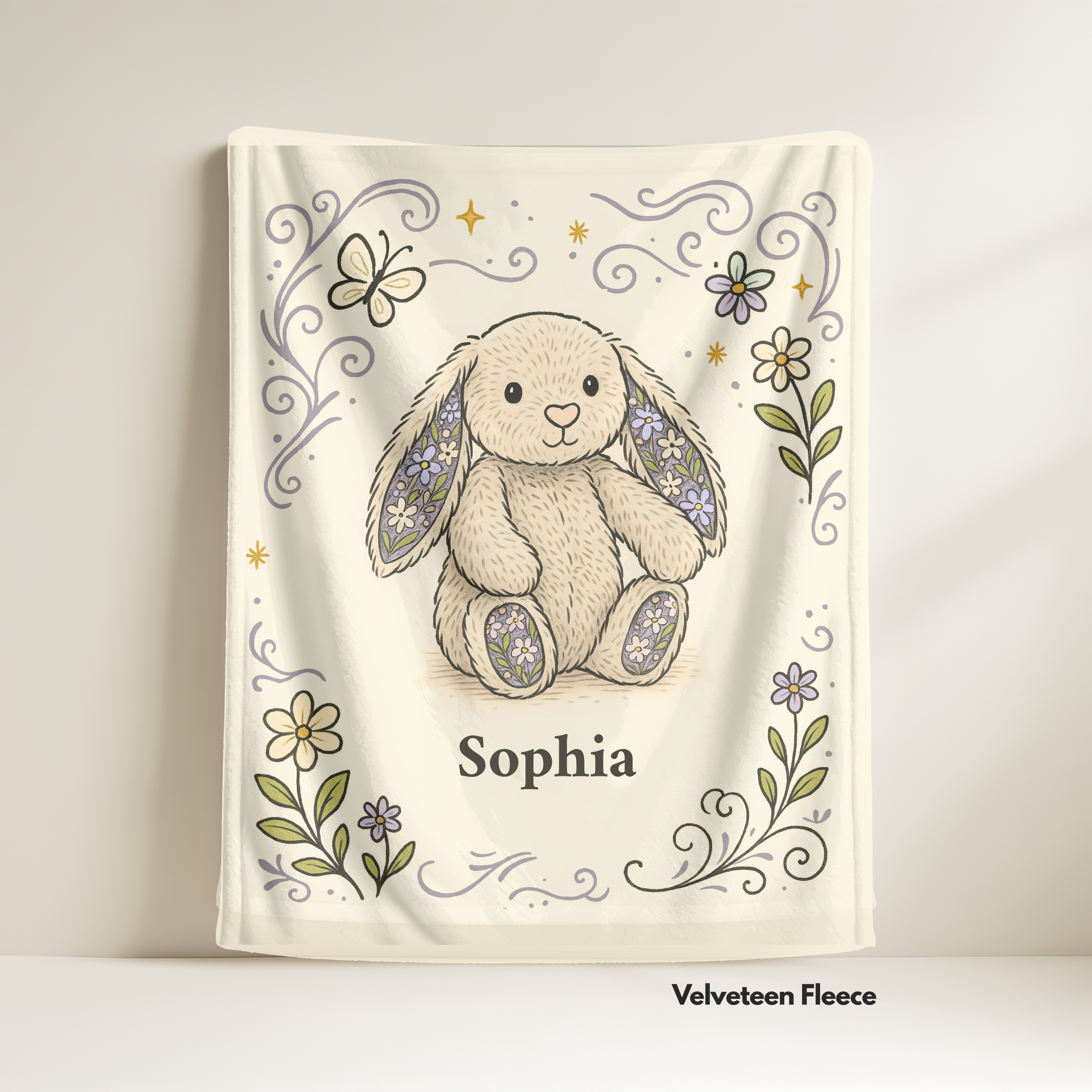 Personalized Whimsical Grey Bunny Blanket: Velveteen Fleece Blanket