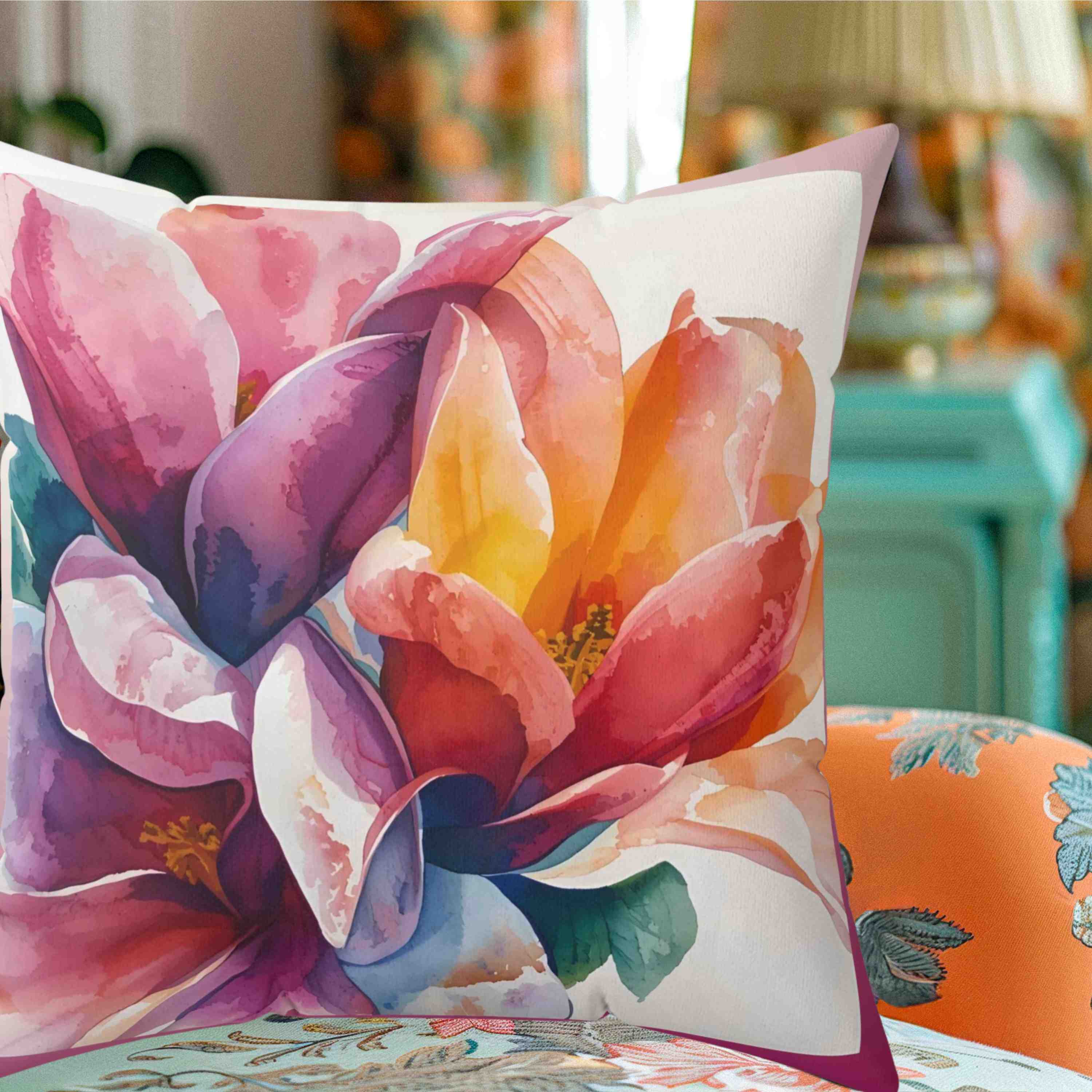 Abstract Magnolia Floral Print Decorative Pillow, Colorful Cushion for Home Decor, Gift for Her, Living Room Accent, Cozy Bedroom Addition