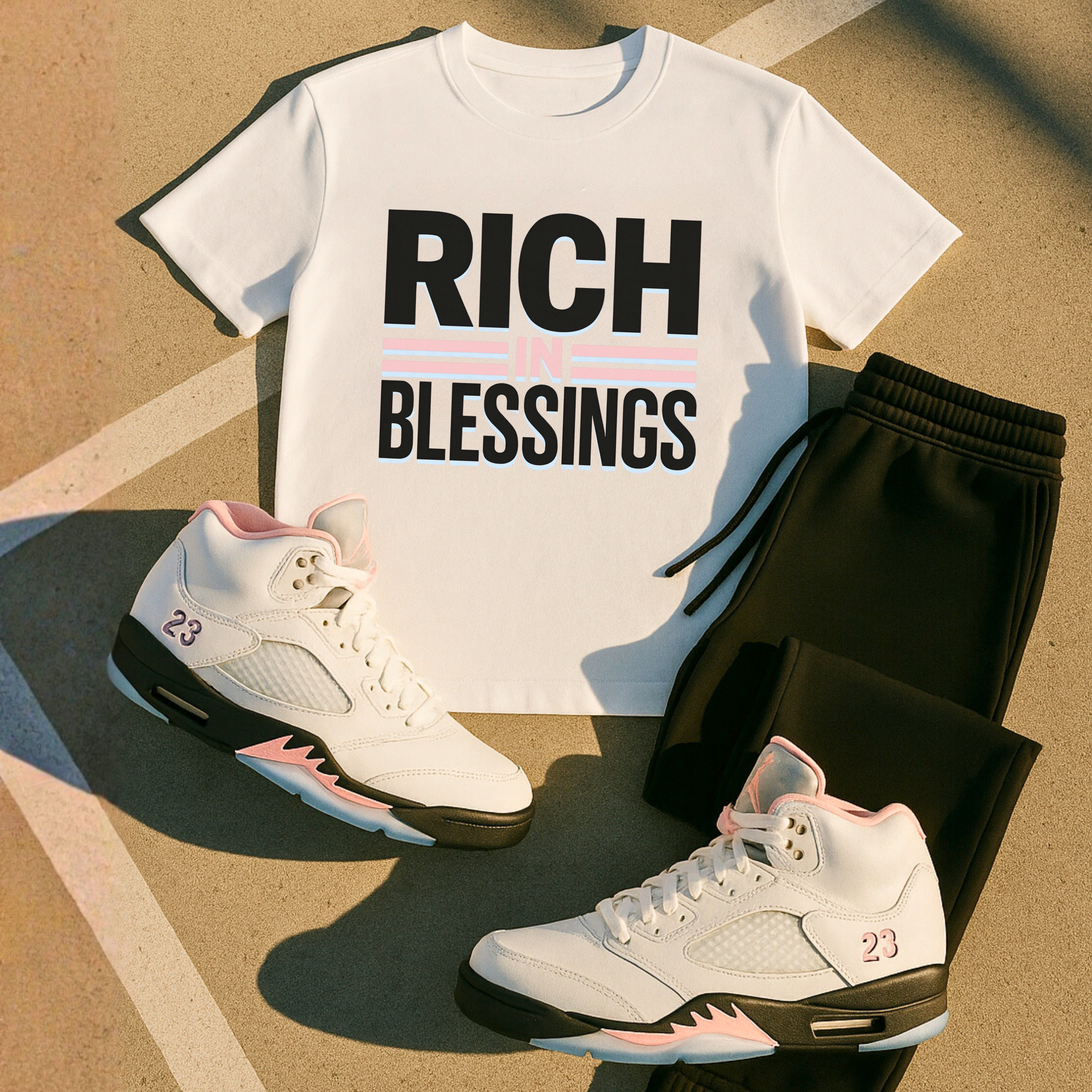 Unisex Softstyle "RICH IN BLESSINGS" Soft Pink/Black/Icy Blue T-Shirt product thumbnail image Unisex Softstyle "RICH IN BLESSINGS" Soft Pink/Black/Icy Blue T-Shirt product thumbnail image
