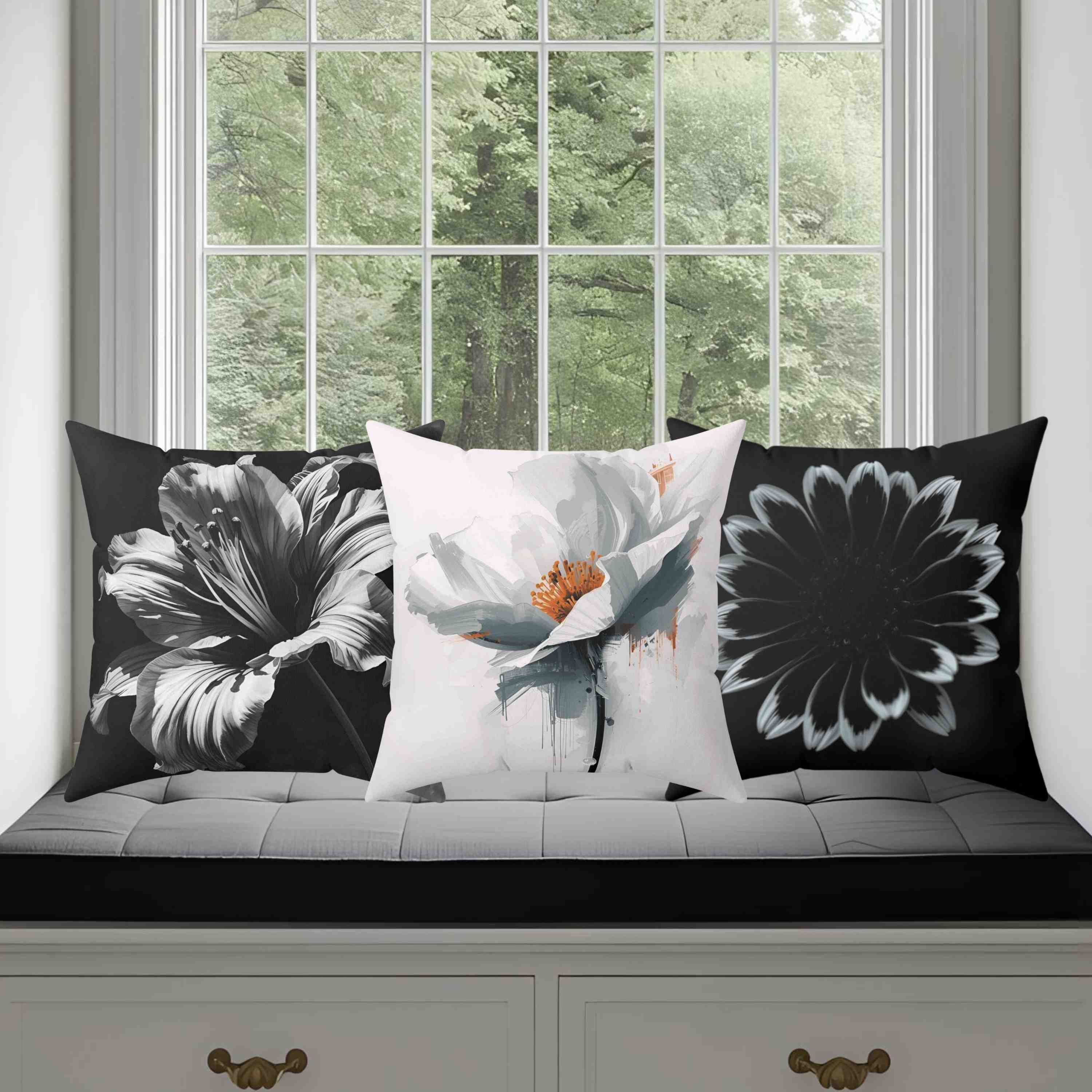 Black Floral Decorative Pillow - Modern Home Accent, Cozy Living Room Cushion, Unique Gift Idea, Seasonal Decor, Floral Design product thumbnail image