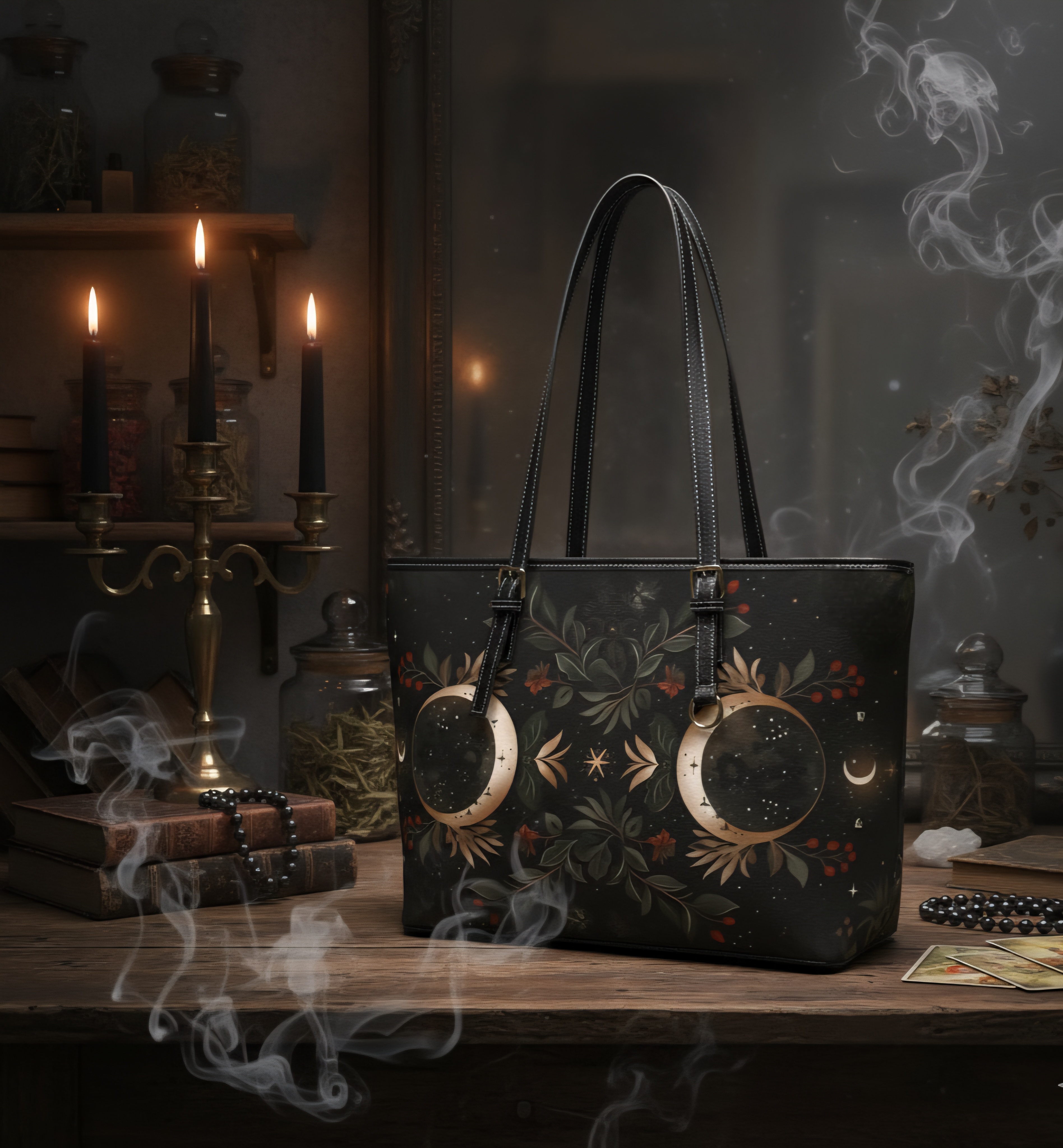 Golden Moon phase Floral Energy- PU leather purse 