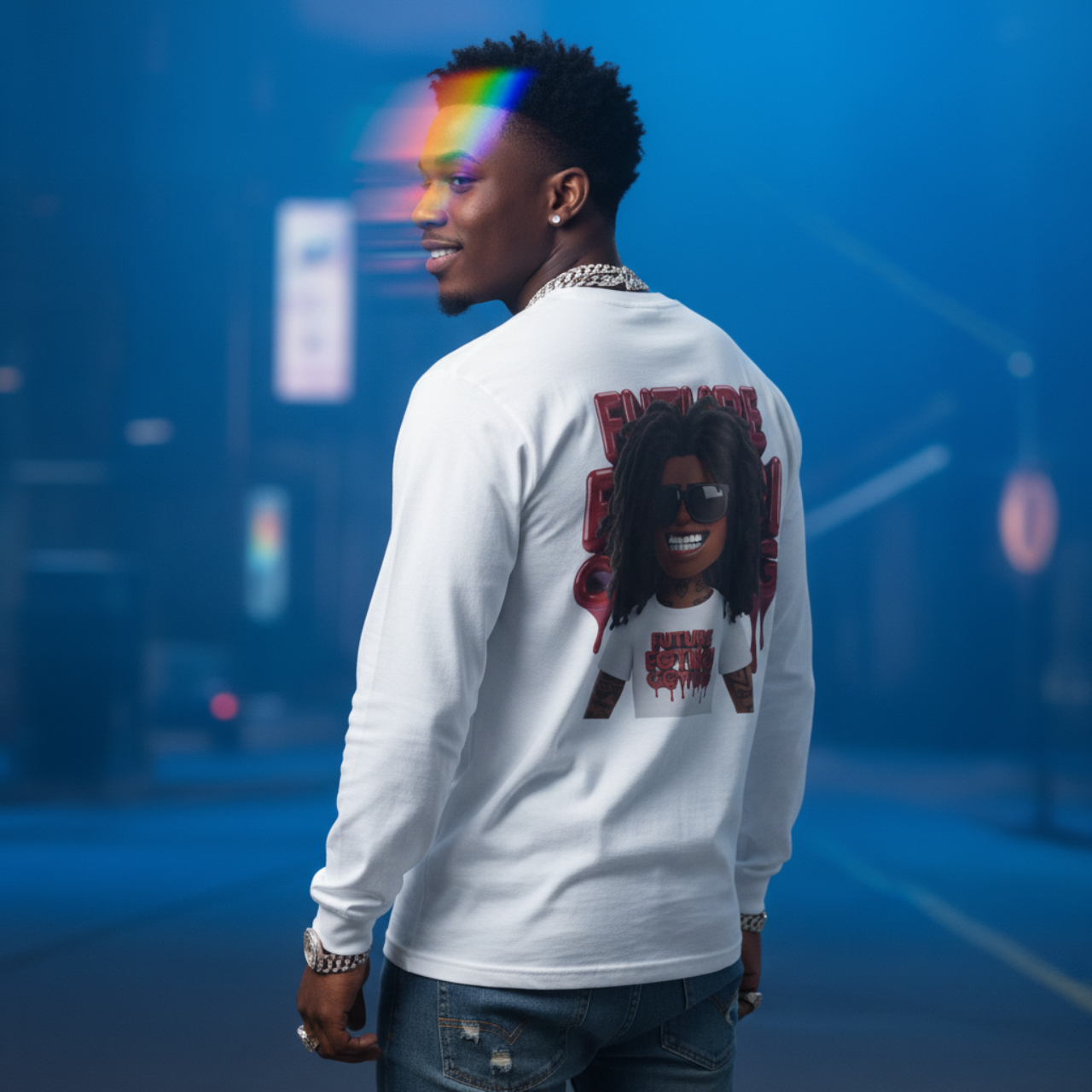 Future Fatboi Clothing Back 2 Back Long Sleeve Tee with Graphic, Funky Graphic Tee, Trendy Casual Wear, Perfect Gift for Friends, Hip Hop Style Shirt product thumbnail image