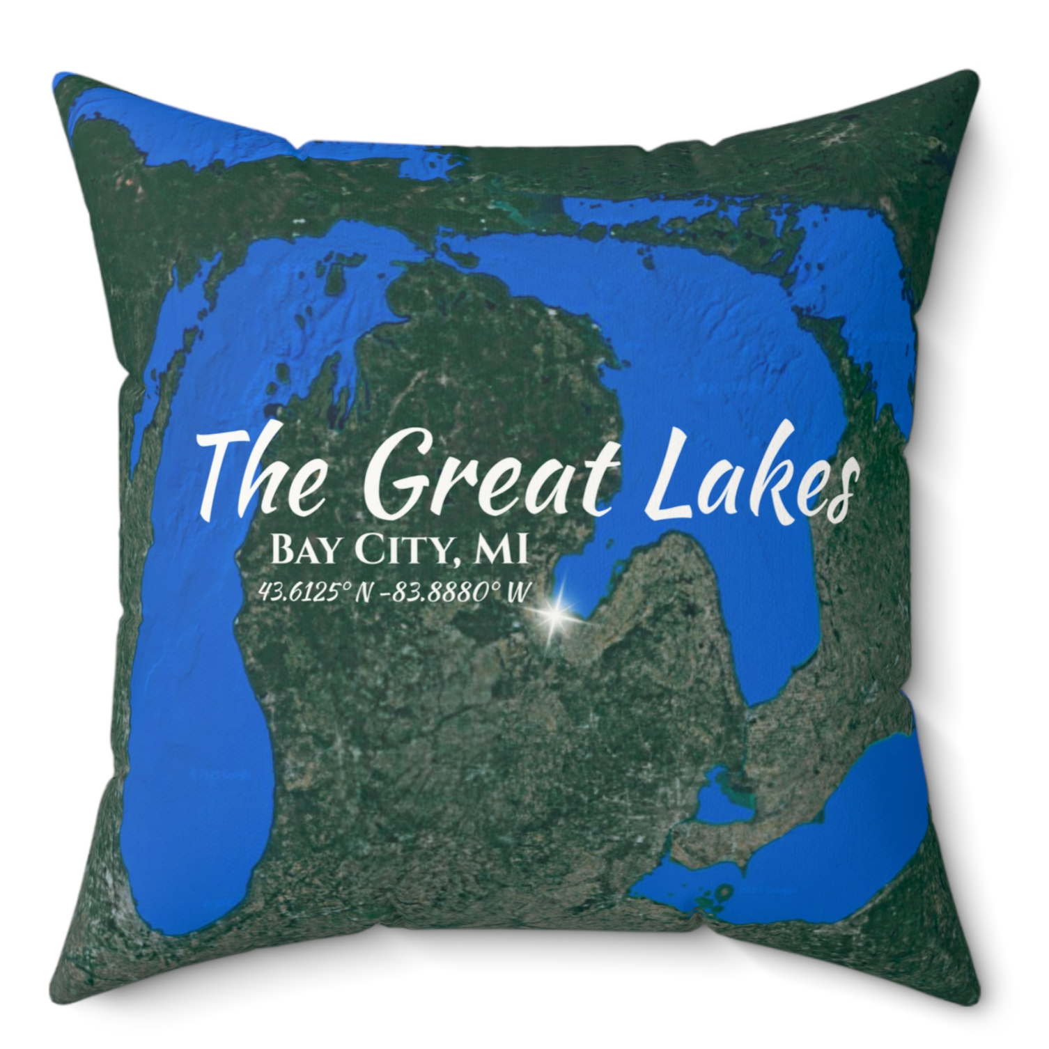 The Great Lakes Pillow, in Bright Blue Map with option to personalize GPS coordinates. product thumbnail image