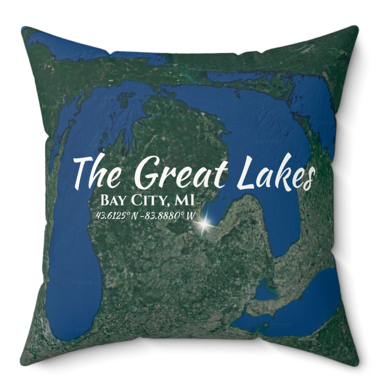 The Great Lakes Pillow, in Navy Blue Map with option to personalize GPS coordinates. product thumbnail image The Great Lakes Pillow, in Navy Blue Map with option to personalize GPS coordinates. product thumbnail image