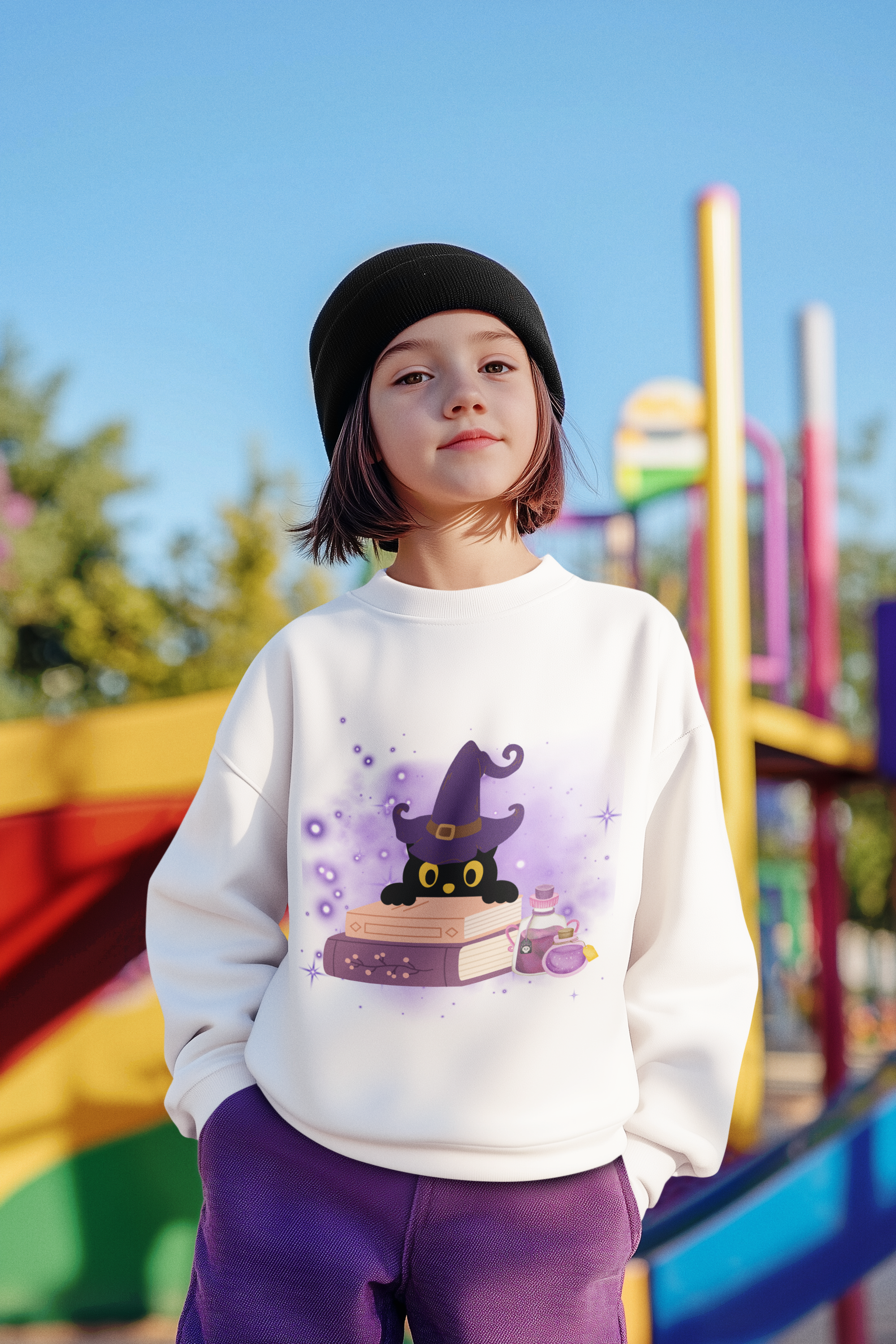 Cute Witch Cat Youth Crewneck Sweatshirt, Cozy Halloween Apparel, Kids' Magic Sweatshirt, Book Lover Gift, Spooky Season Fashion