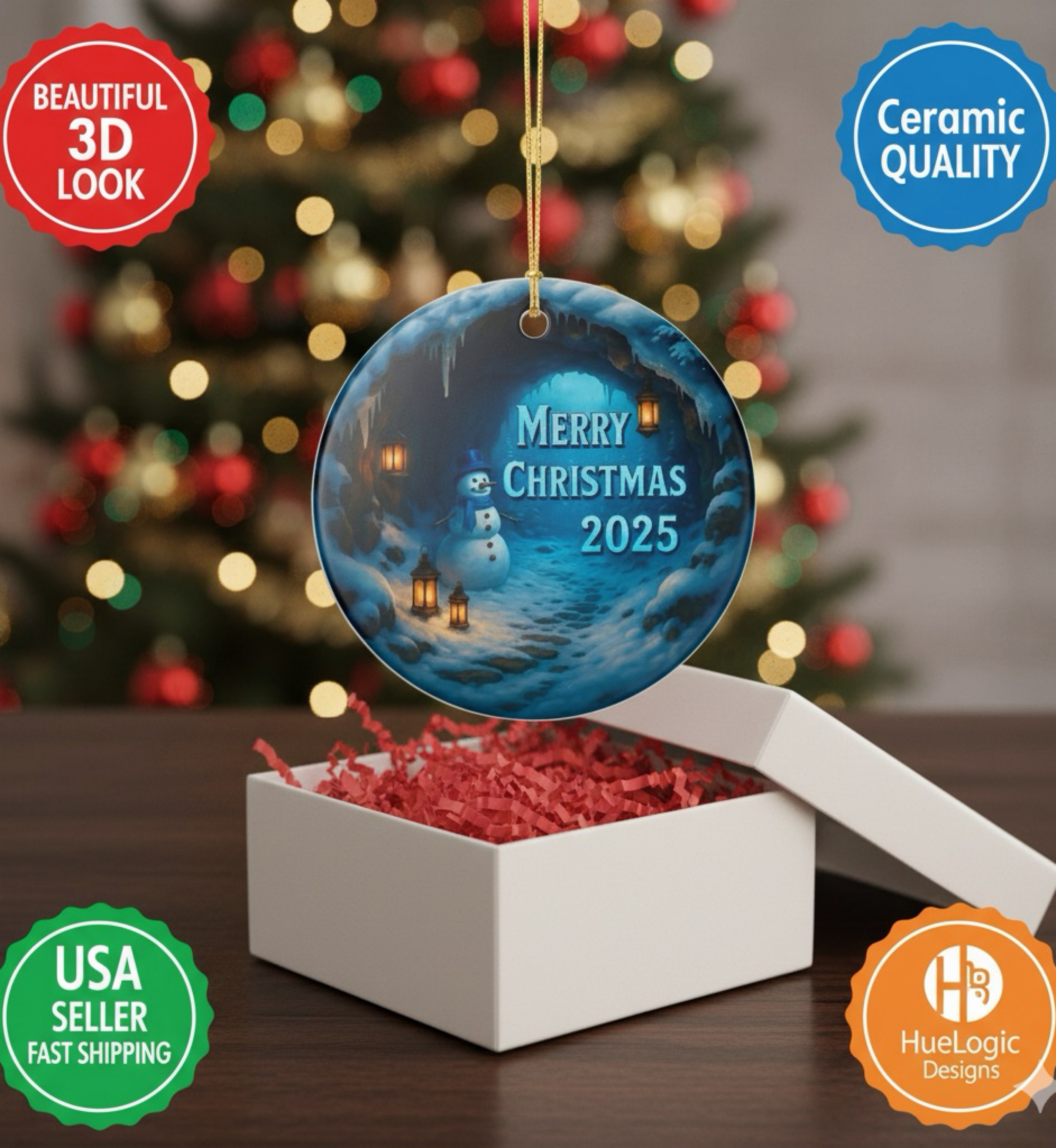 Merry Christmas Faux 3D Ceramic Keepsake Ornament Holiday Tree Decoration  product thumbnail image