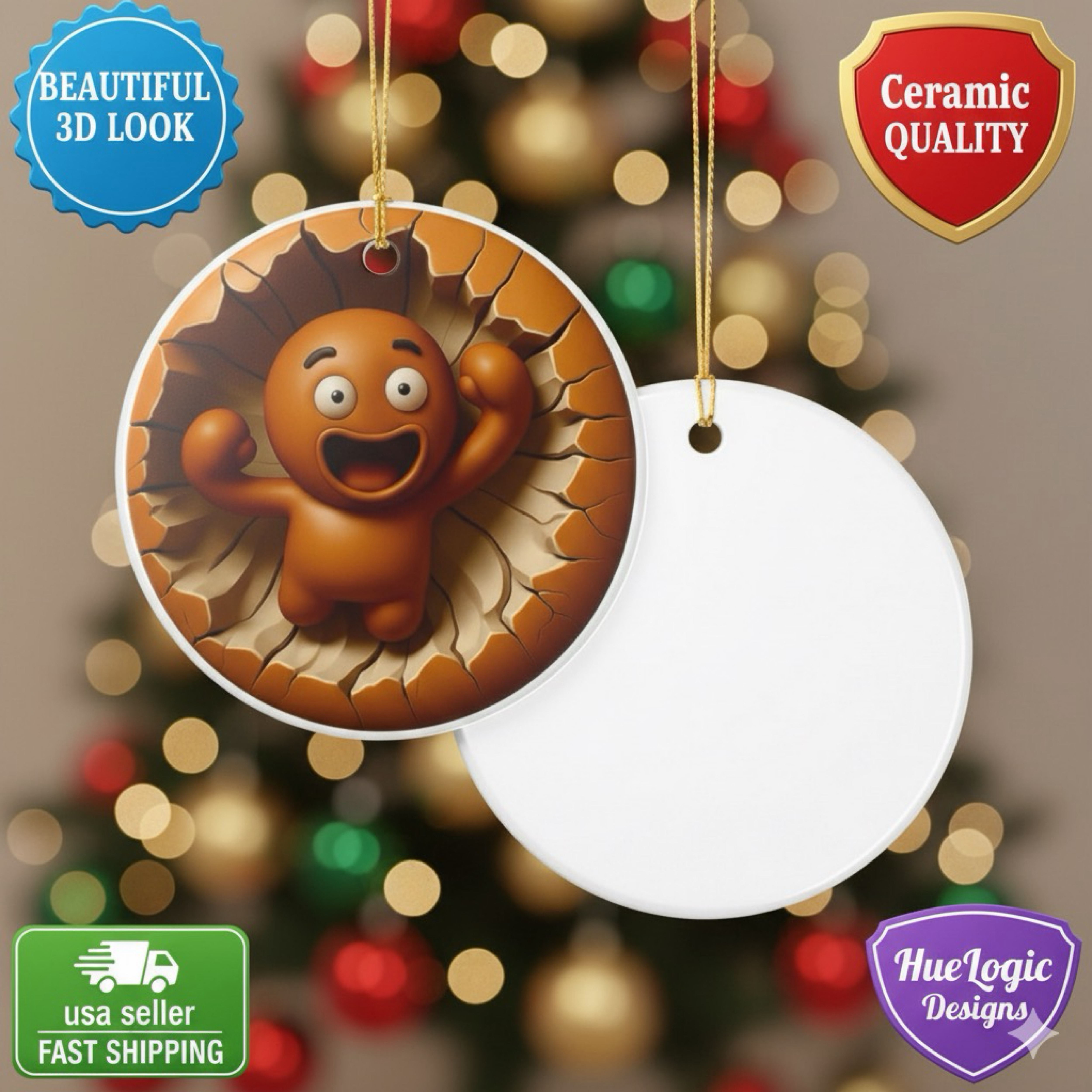 3D Looking Gingerbread Man Ceramic Christmas Ornament | Whimsical Holiday Decor product thumbnail image 3D Looking Gingerbread Man Ceramic Christmas Ornament | Whimsical Holiday Decor product thumbnail image