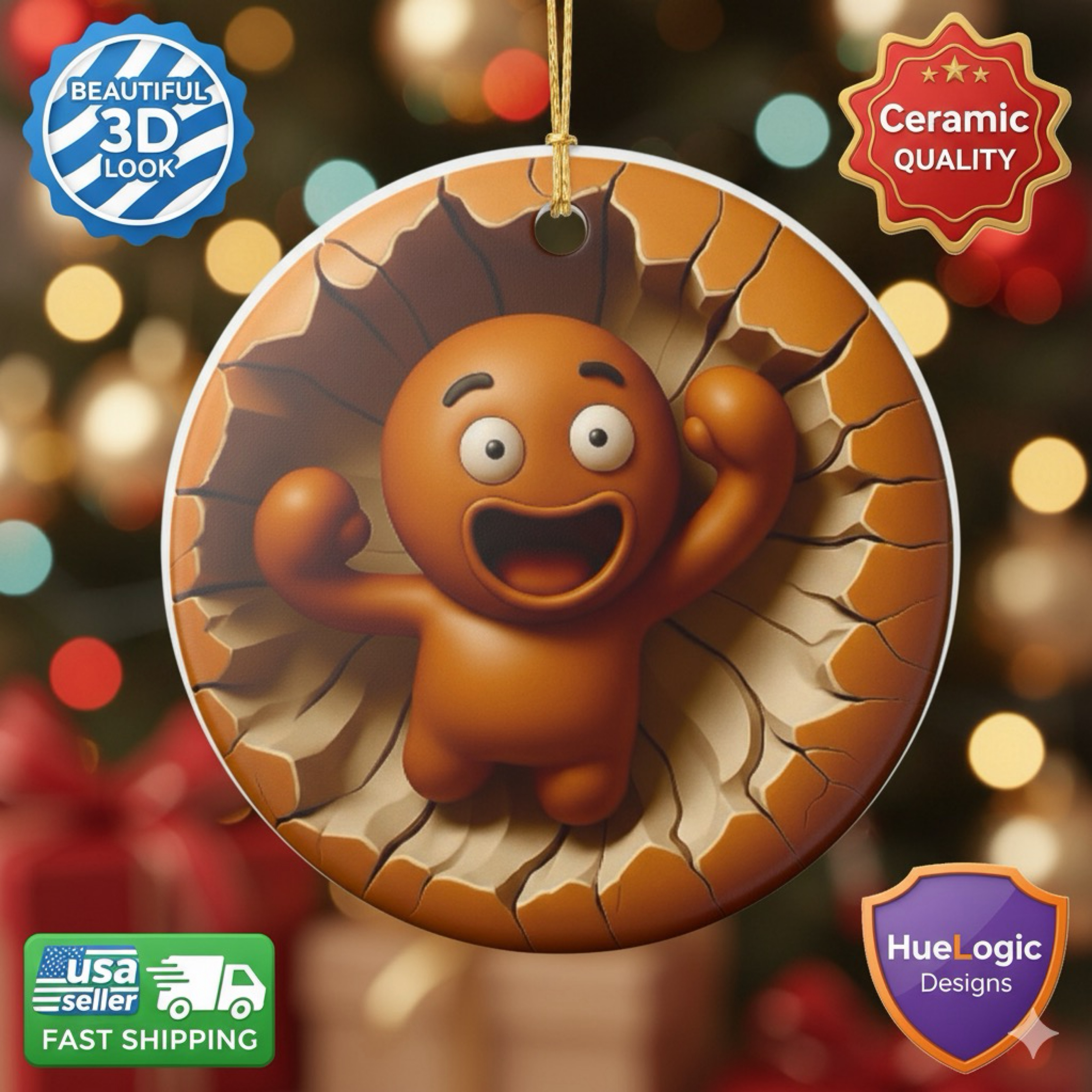 3D Looking Gingerbread Man Ceramic Christmas Ornament | Whimsical Holiday Decor 3D Looking Gingerbread Man Ceramic Christmas Ornament | Whimsical Holiday Decor