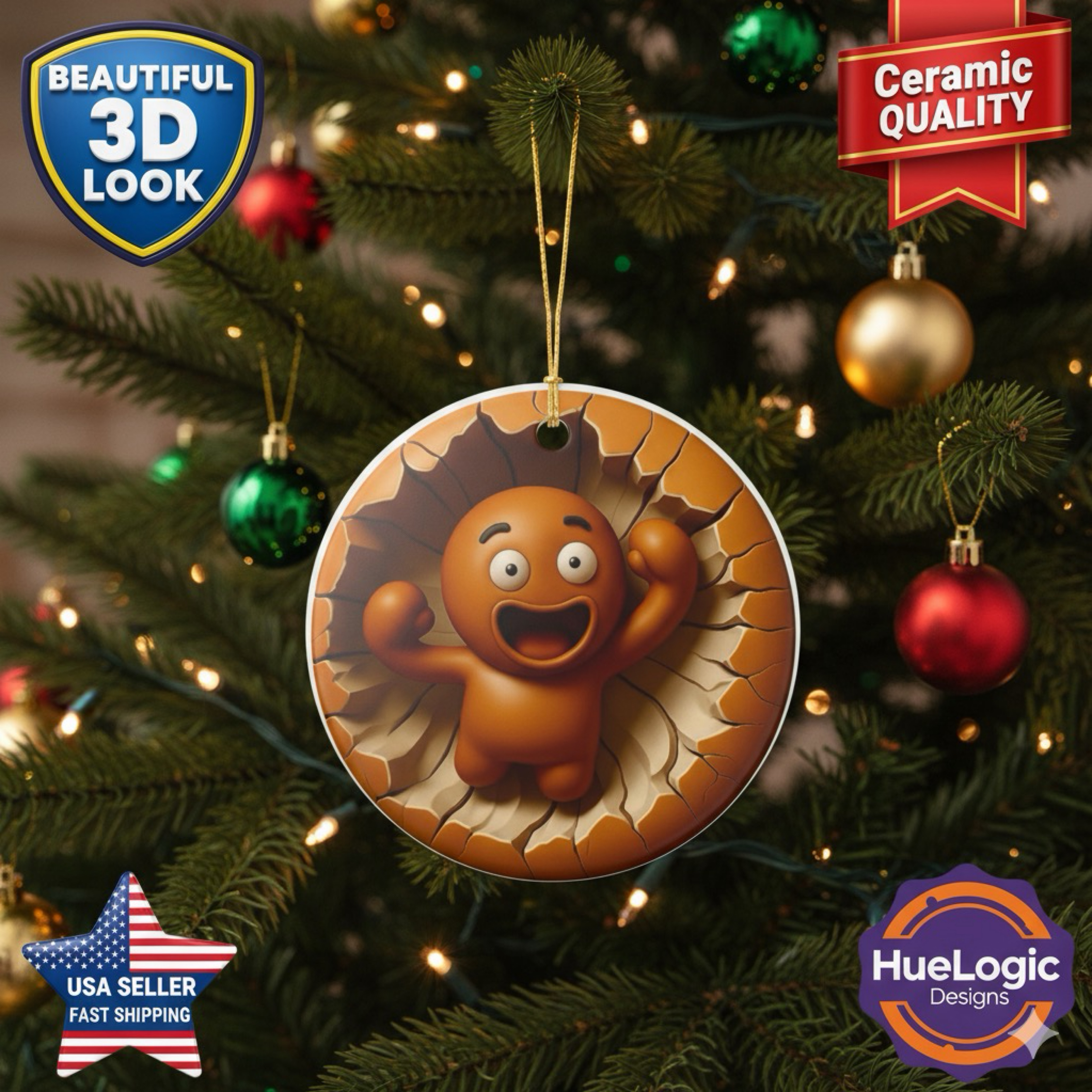 3D Looking Gingerbread Man Ceramic Christmas Ornament | Whimsical Holiday Decor  product thumbnail image