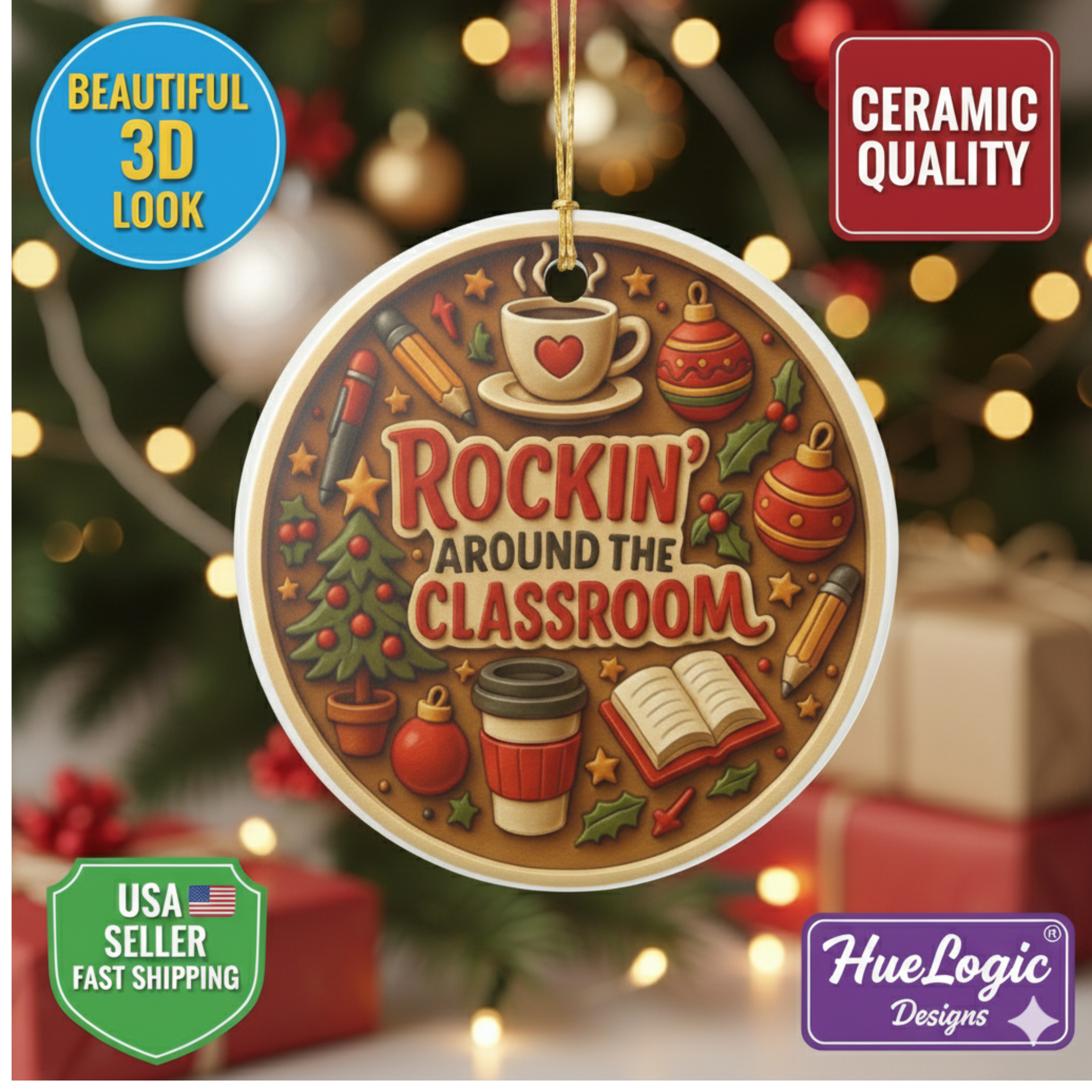 Teacher Christmas Ornament | Rockin' Around the Classroom | Ceramic Decor Teachers Gift product thumbnail image Teacher Christmas Ornament | Rockin' Around the Classroom | Ceramic Decor Teachers Gift product thumbnail image