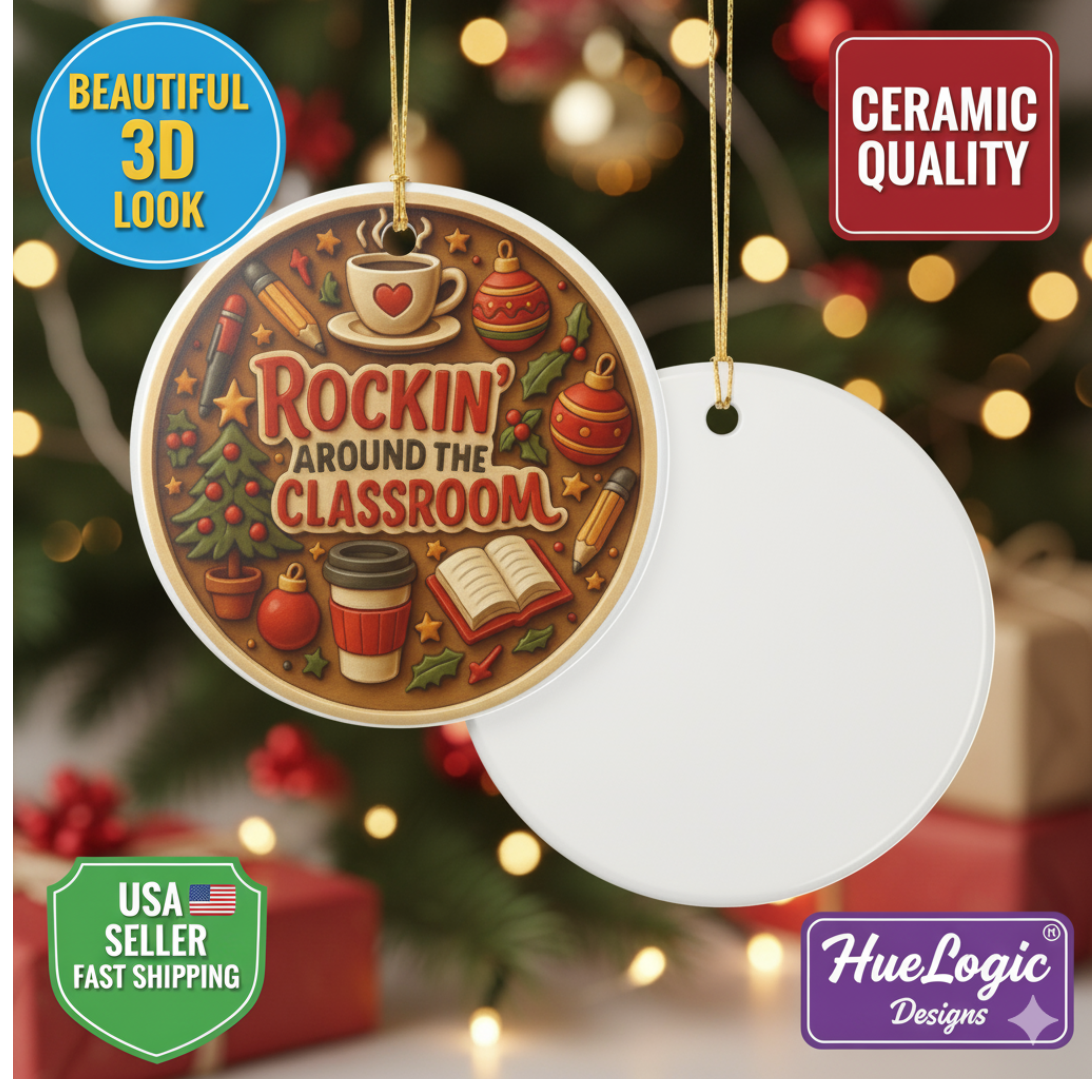Teacher Christmas Ornament | Rockin' Around the Classroom | Ceramic Decor Teachers Gift product thumbnail image Teacher Christmas Ornament | Rockin' Around the Classroom | Ceramic Decor Teachers Gift product thumbnail image