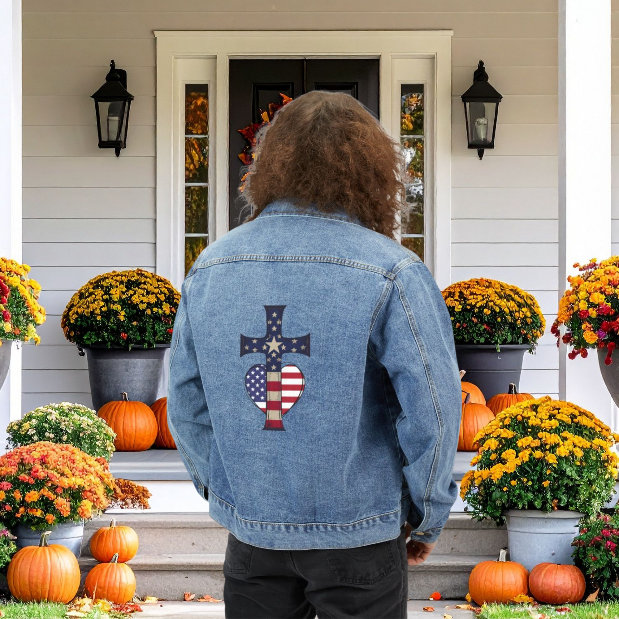 Freedom And Faith Patriotic Denim Jacket American Flag Cross Heart Design | Inspirational Men’s Jean Jacket | Faith & Freedom Gift for Him product thumbnail image Freedom And Faith Patriotic Denim Jacket American Flag Cross Heart Design | Inspirational Men’s Jean Jacket | Faith & Freedom Gift for Him product thumbnail image