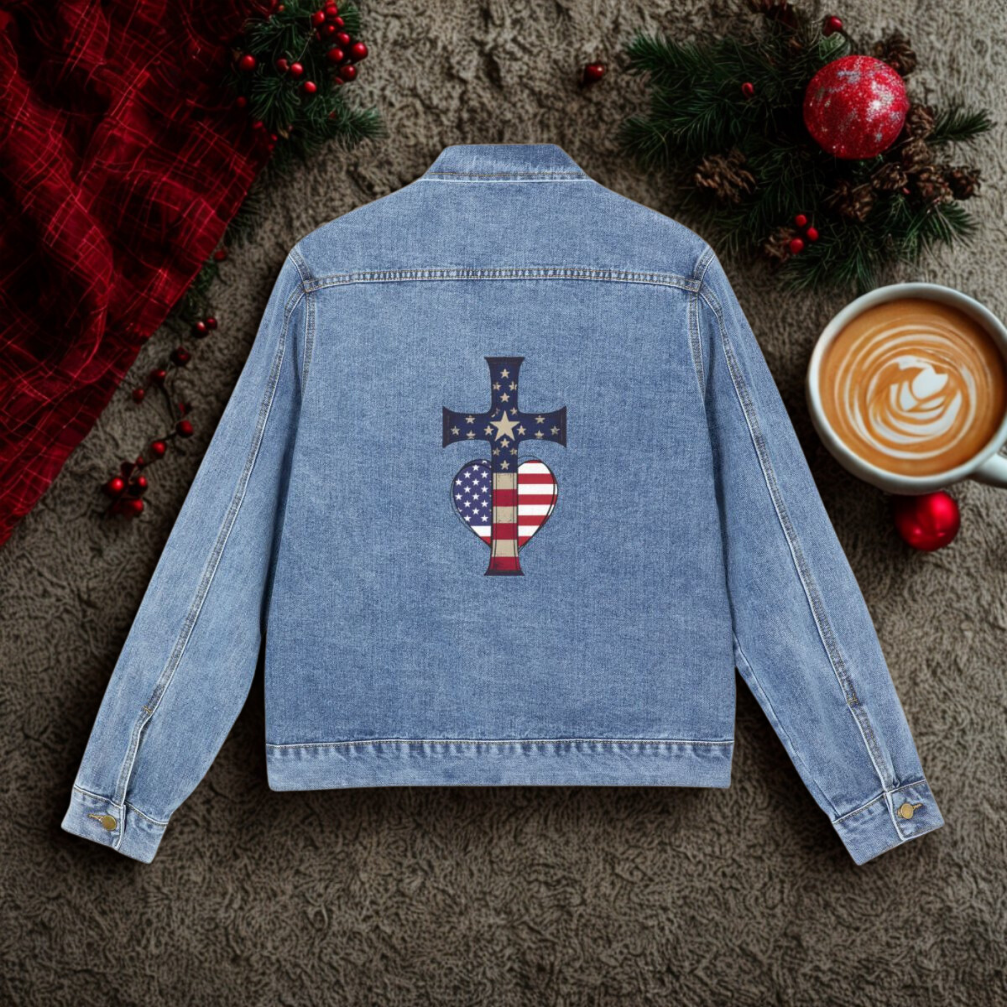 Freedom And Faith Patriotic Denim Jacket American Flag Cross Heart Design | Inspirational Men’s Jean Jacket | Faith & Freedom Gift for Him product thumbnail image Freedom And Faith Patriotic Denim Jacket American Flag Cross Heart Design | Inspirational Men’s Jean Jacket | Faith & Freedom Gift for Him product thumbnail image