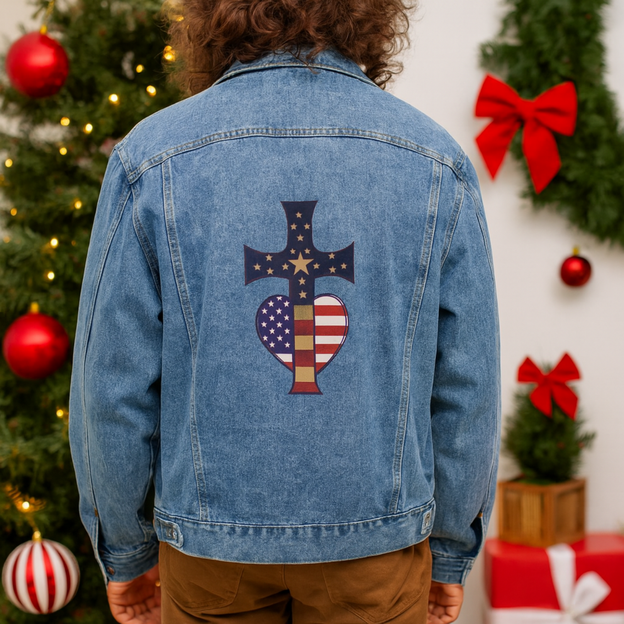 Freedom And Faith Patriotic Denim Jacket American Flag Cross Heart Design | Inspirational Men’s Jean Jacket | Faith & Freedom Gift for Him product thumbnail image Freedom And Faith Patriotic Denim Jacket American Flag Cross Heart Design | Inspirational Men’s Jean Jacket | Faith & Freedom Gift for Him product thumbnail image