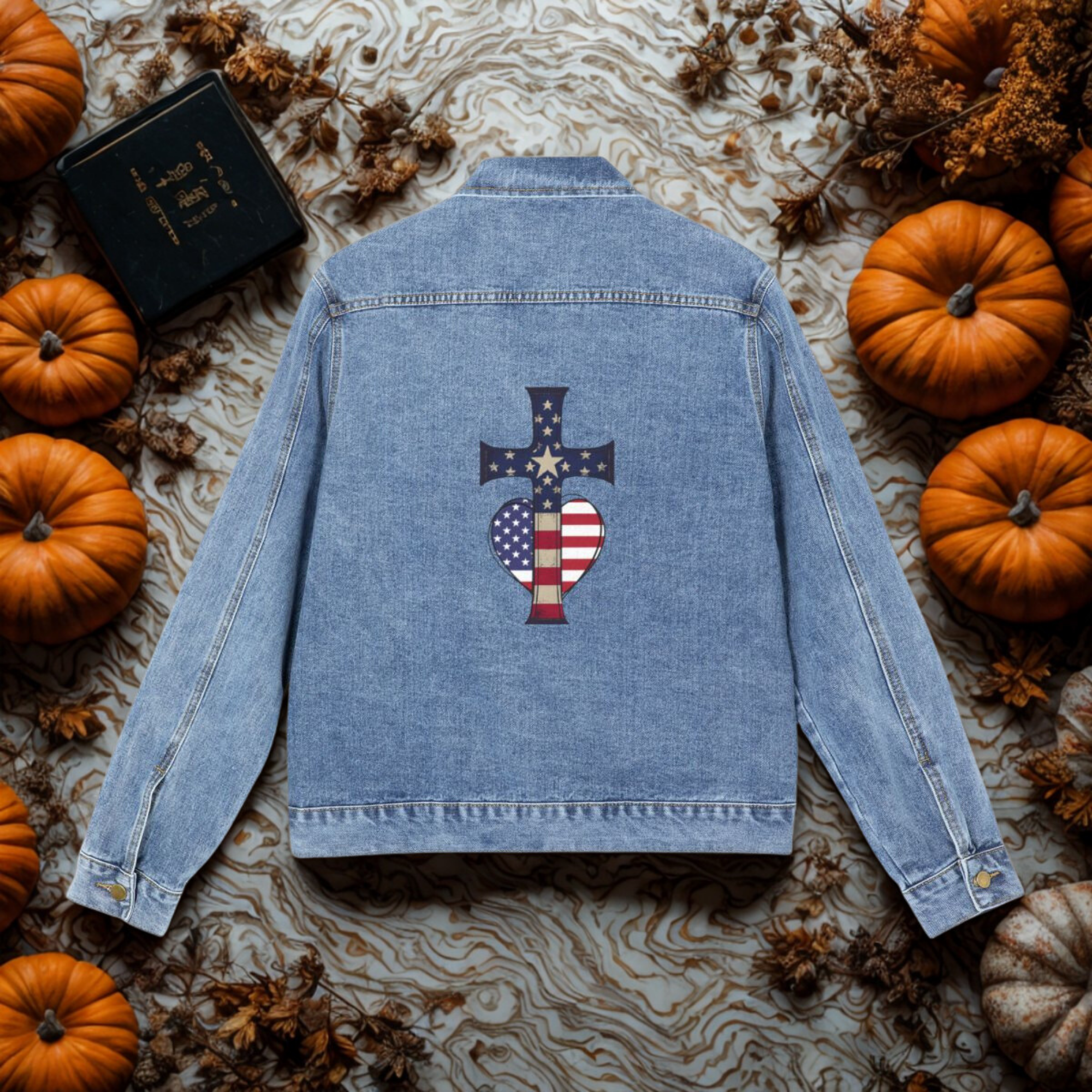 Freedom And Faith Patriotic Denim Jacket American Flag Cross Heart Design | Inspirational Men’s Jean Jacket | Faith & Freedom Gift for Him product thumbnail image Freedom And Faith Patriotic Denim Jacket American Flag Cross Heart Design | Inspirational Men’s Jean Jacket | Faith & Freedom Gift for Him product thumbnail image