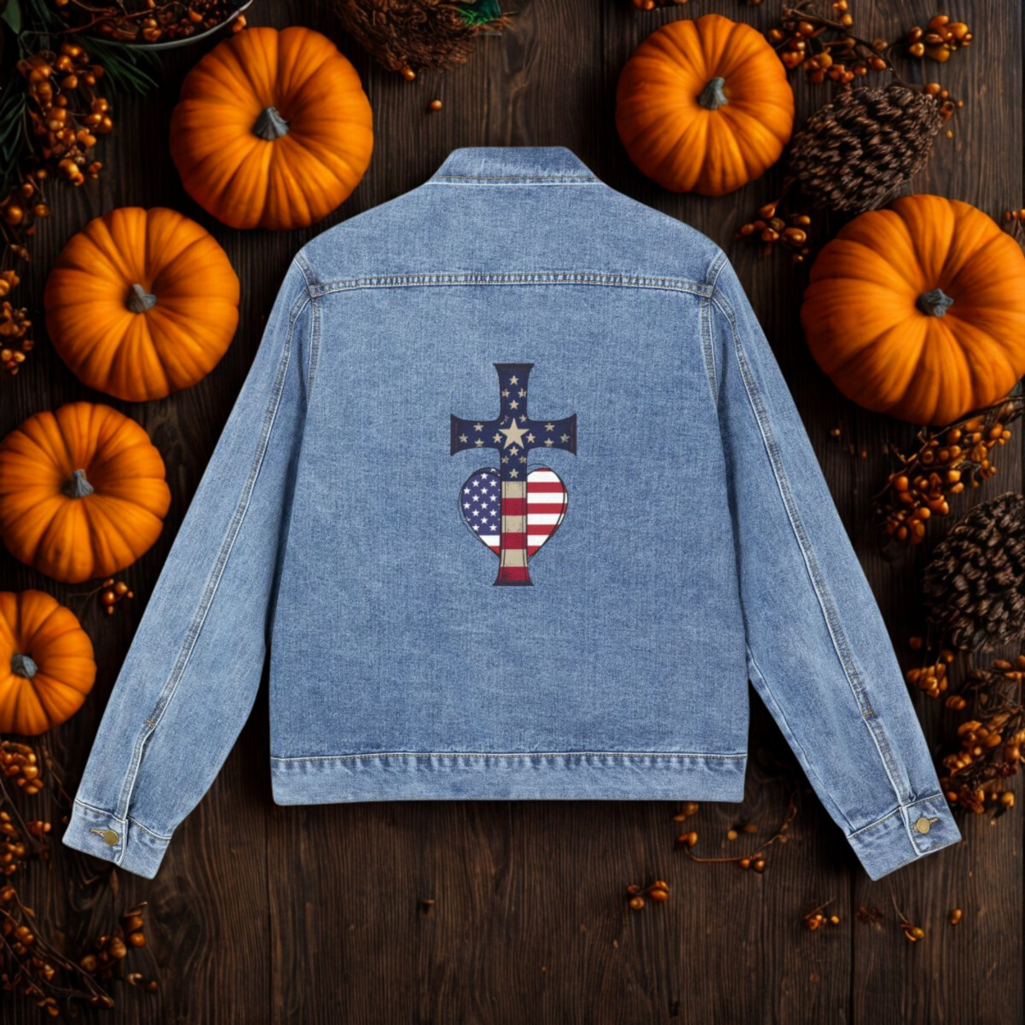 Freedom And Faith Patriotic Denim Jacket American Flag Cross Heart Design | Inspirational Men’s Jean Jacket | Faith & Freedom Gift for Him product thumbnail image Freedom And Faith Patriotic Denim Jacket American Flag Cross Heart Design | Inspirational Men’s Jean Jacket | Faith & Freedom Gift for Him product thumbnail image