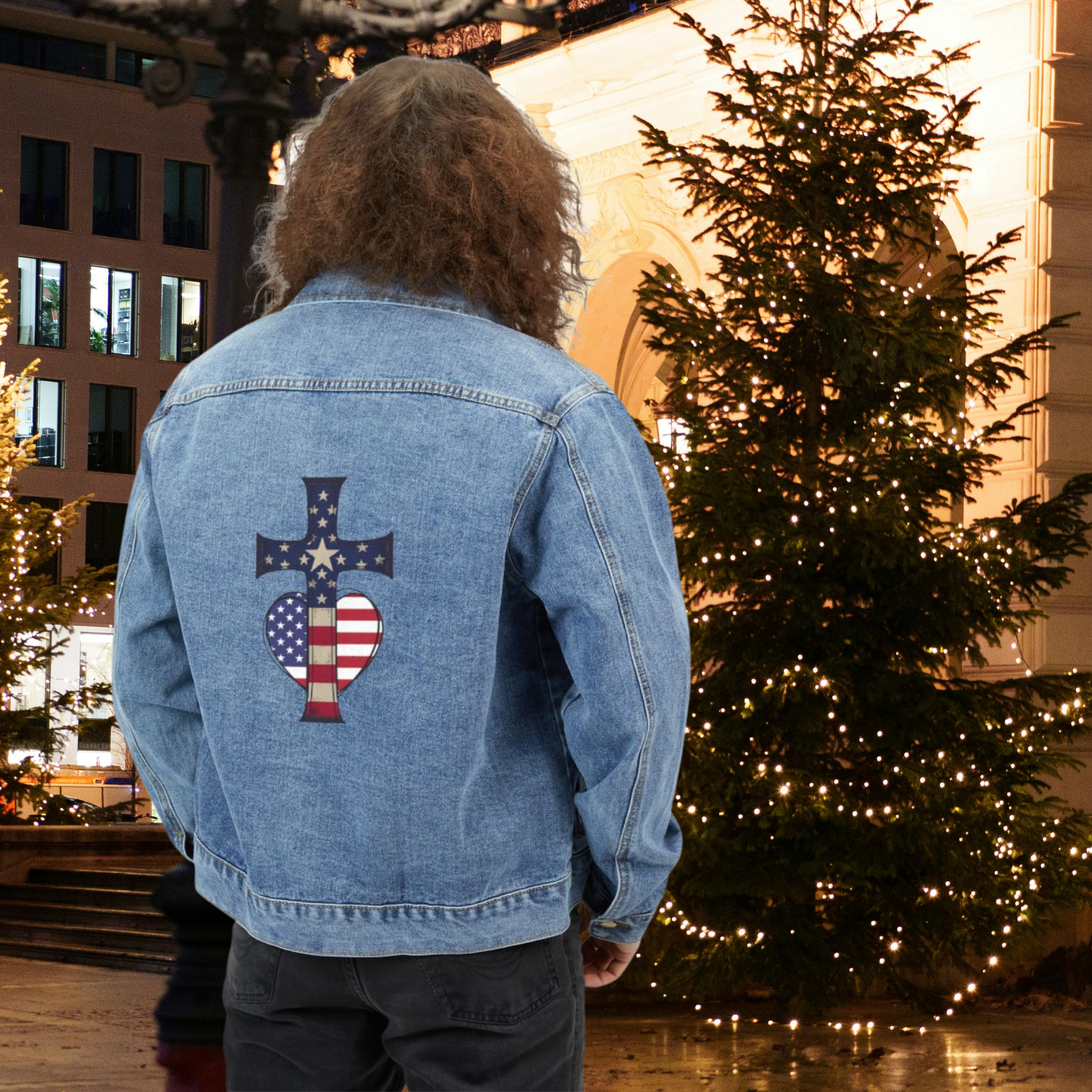 Freedom And Faith Patriotic Denim Jacket American Flag Cross Heart Design | Inspirational Men’s Jean Jacket | Faith & Freedom Gift for Him product thumbnail image Freedom And Faith Patriotic Denim Jacket American Flag Cross Heart Design | Inspirational Men’s Jean Jacket | Faith & Freedom Gift for Him product thumbnail image