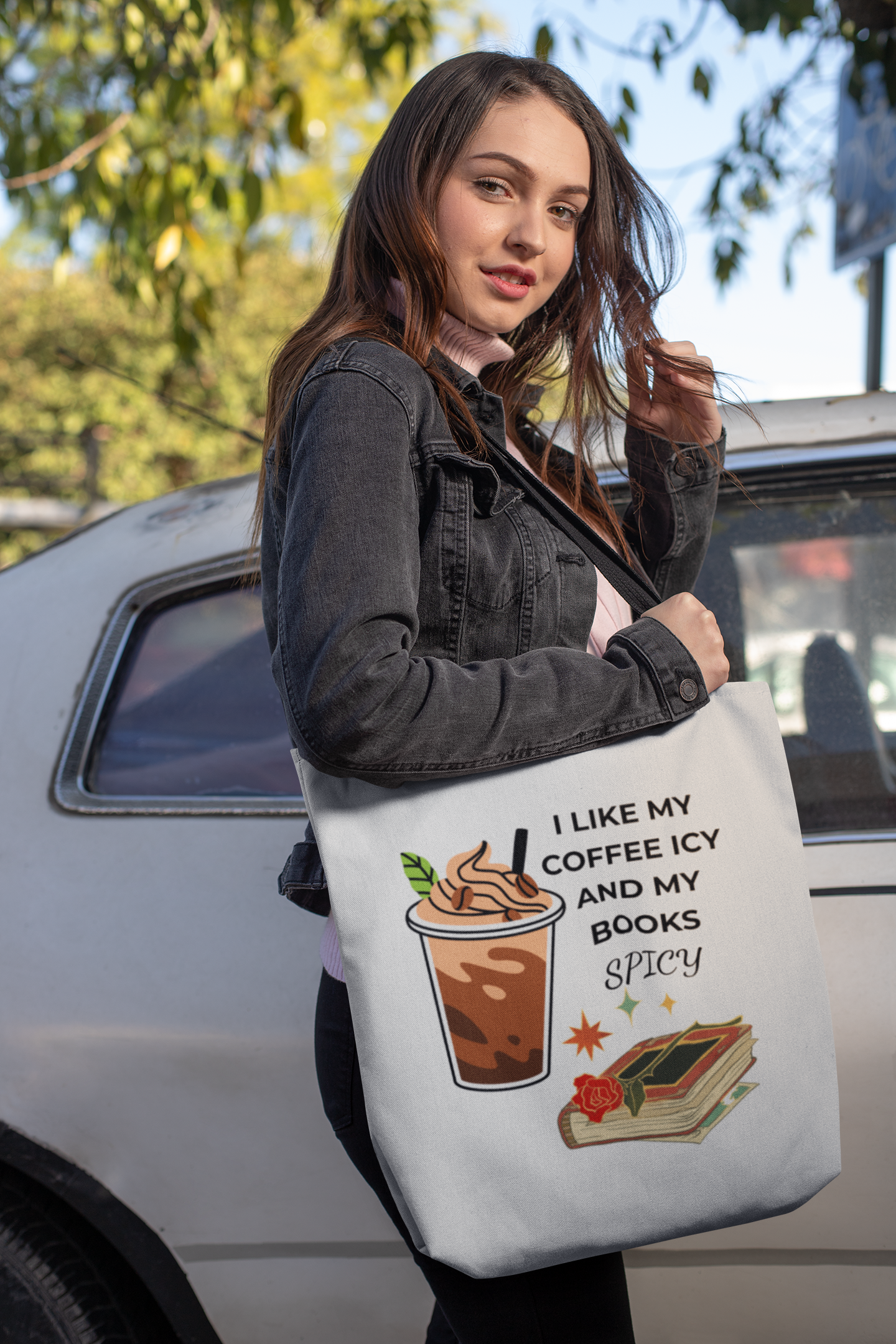 Spicy Coffee &amp; Books Tote Bag, Book Lover Gift, Coffee Enthusiast Accessory, Shopping Tote, Literary Humor Bag product thumbnail image