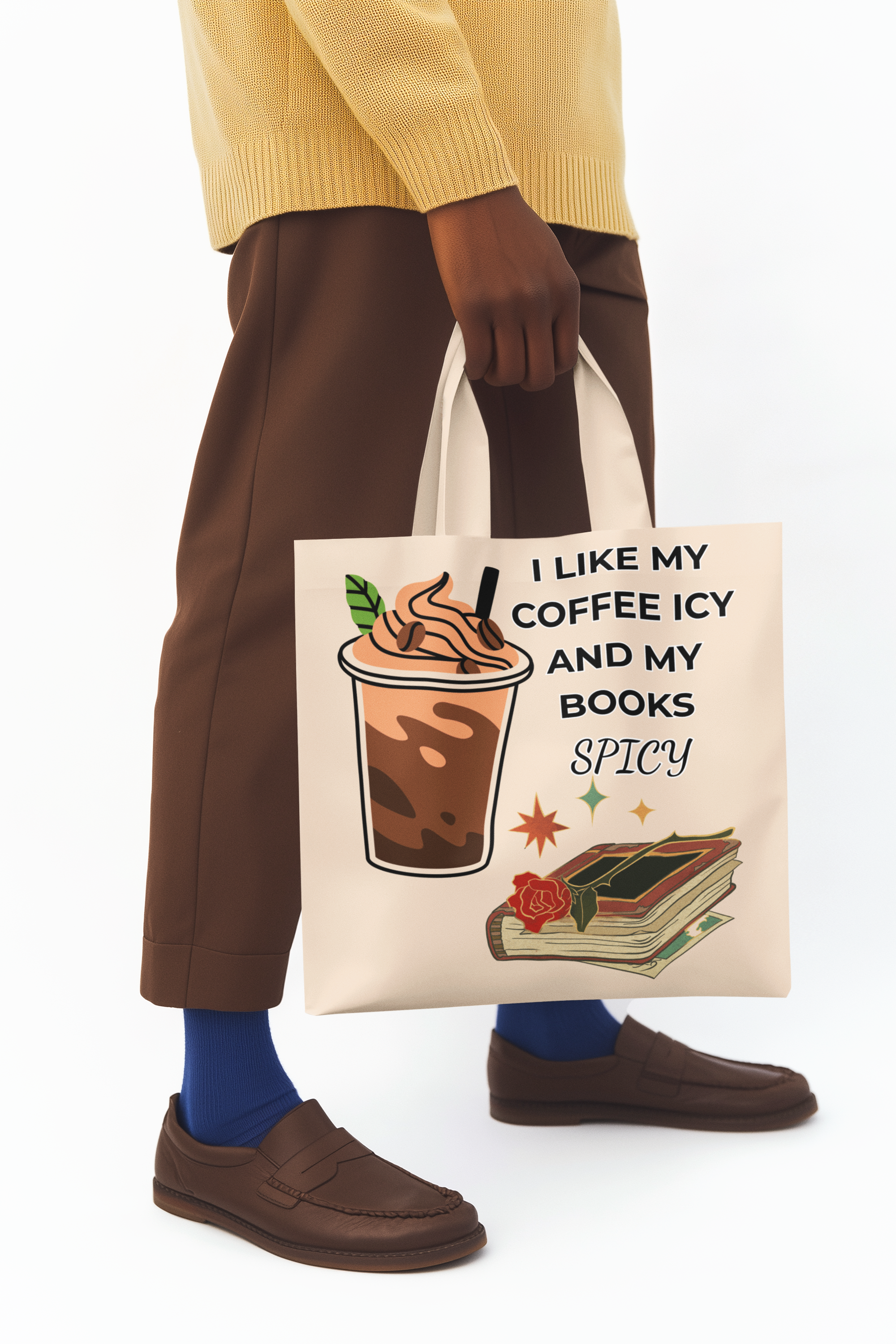 Spicy Coffee &amp; Books Tote Bag, Book Lover Gift, Coffee Enthusiast Accessory, Shopping Tote, Literary Humor Bag product thumbnail image